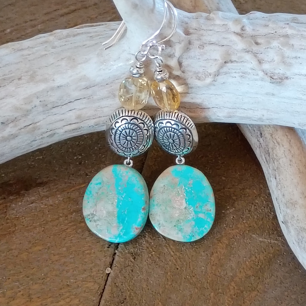 Sky Blue Elisa and Faceted Citrine Turquoise Earrings Southwestern Sterling 2.75"
