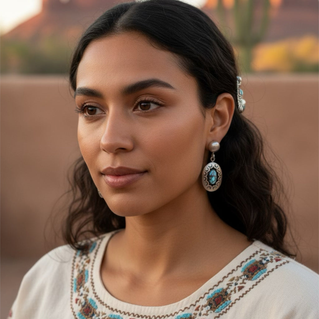 Kazakhstan Turquoise Earrings Shadow Box Oval Patterned Sterling Silver