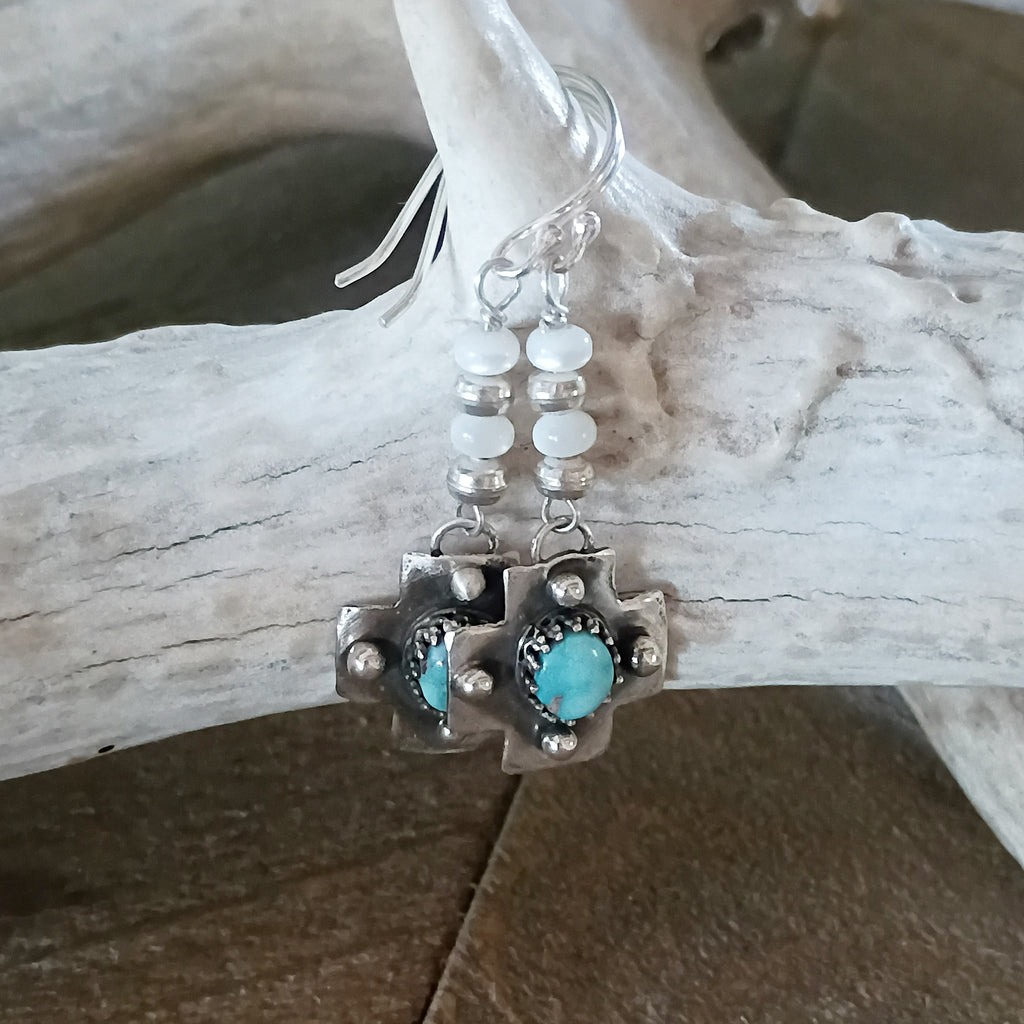 RARE DRY CREEK Turquoise Cross Earrings Sterling Silver Southwestern Boho