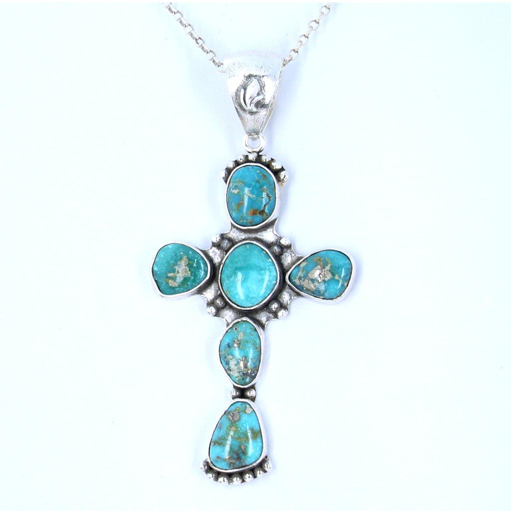 Vintage Sierra Nevada Turquoise Cross Pendant Sterling Silver Santa Fe Style