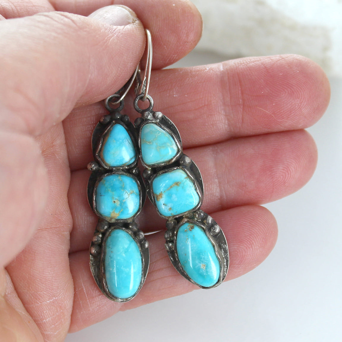 Sonoran Rose Turquoise 3 Stone Earrings Sterling Silver Unique Southwest