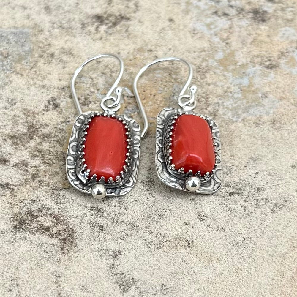 Deep Red Mediterranean Coral Earrings Sterling Silver Patterned French Ear Wires
