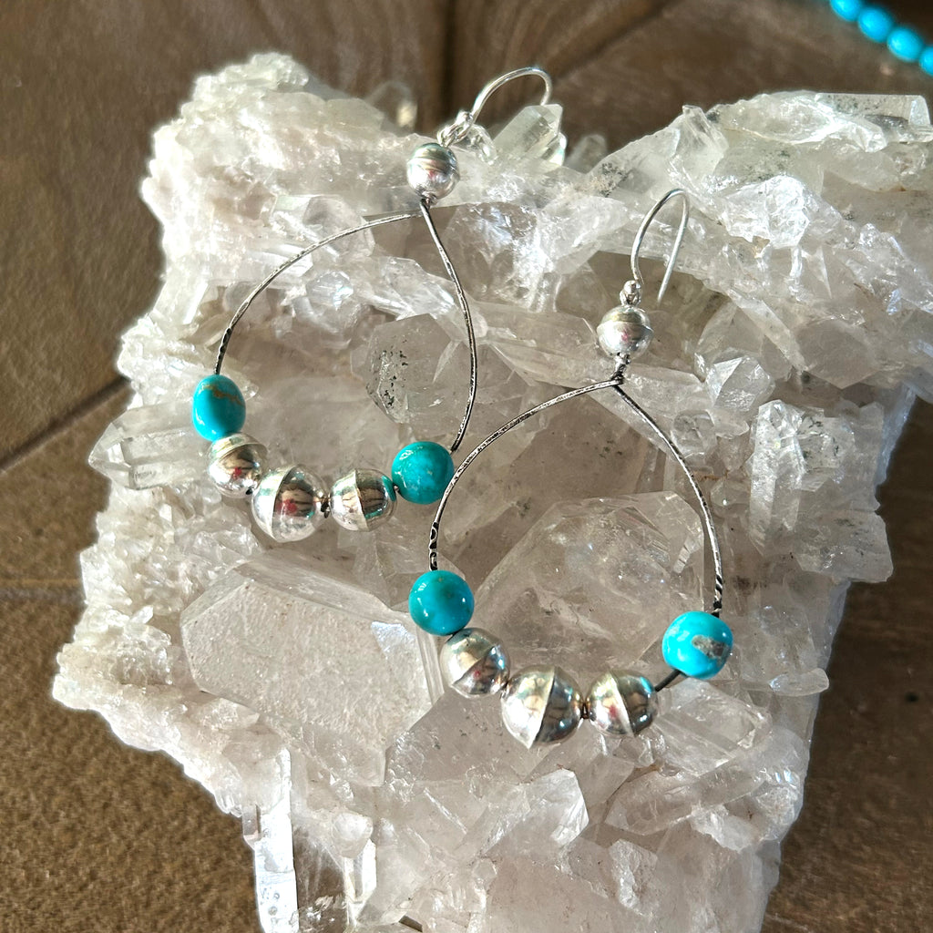 AAA Blue Ridge Turquoise Hoop Earrings Benchmade Sterling Pearls Southwest