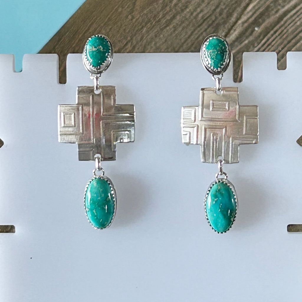 Emerald Valley Turquoise Sterling Southwestern Cross Earrings 2 Stone 2.6"