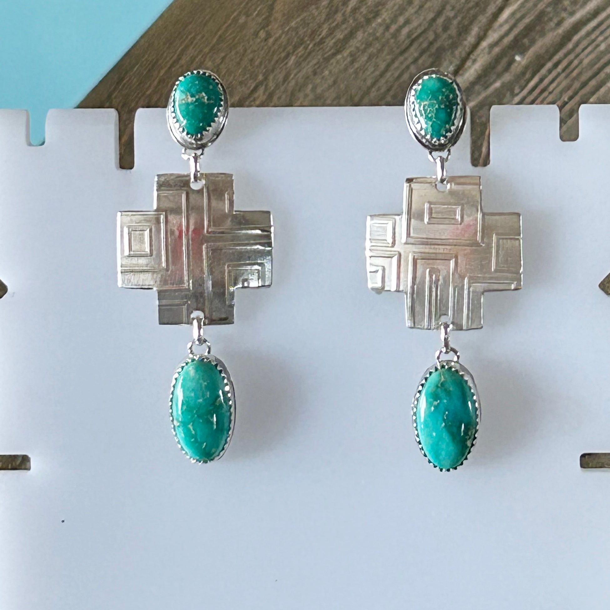 Emerald Valley Turquoise Sterling Southwestern Cross Earrings 2 Stone 2.6"
