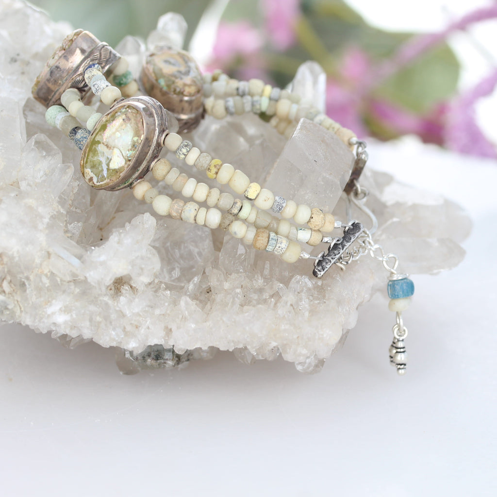 Antique Roman Glass Bracelet 3 Strand Beauty Sterling Silver