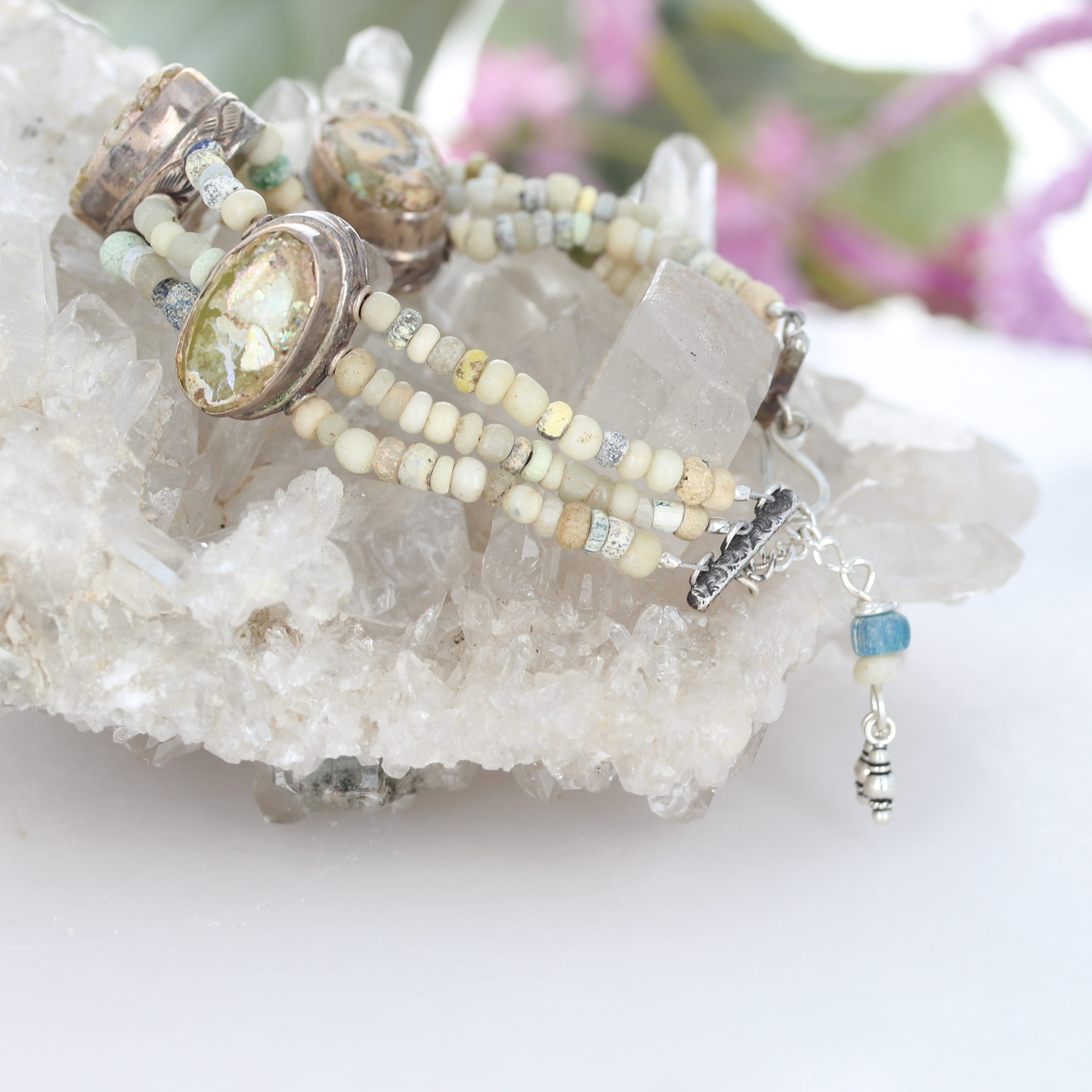 Antique Roman Glass Bracelet 3 Strand Beauty Sterling Silver