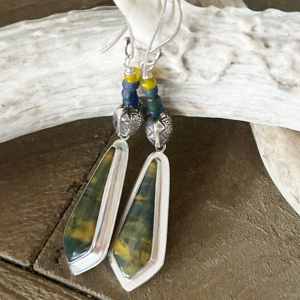 Dramatic Ancient Mali Dig Beads and Blue and Golden Tigereye Sterling Silver Earrings