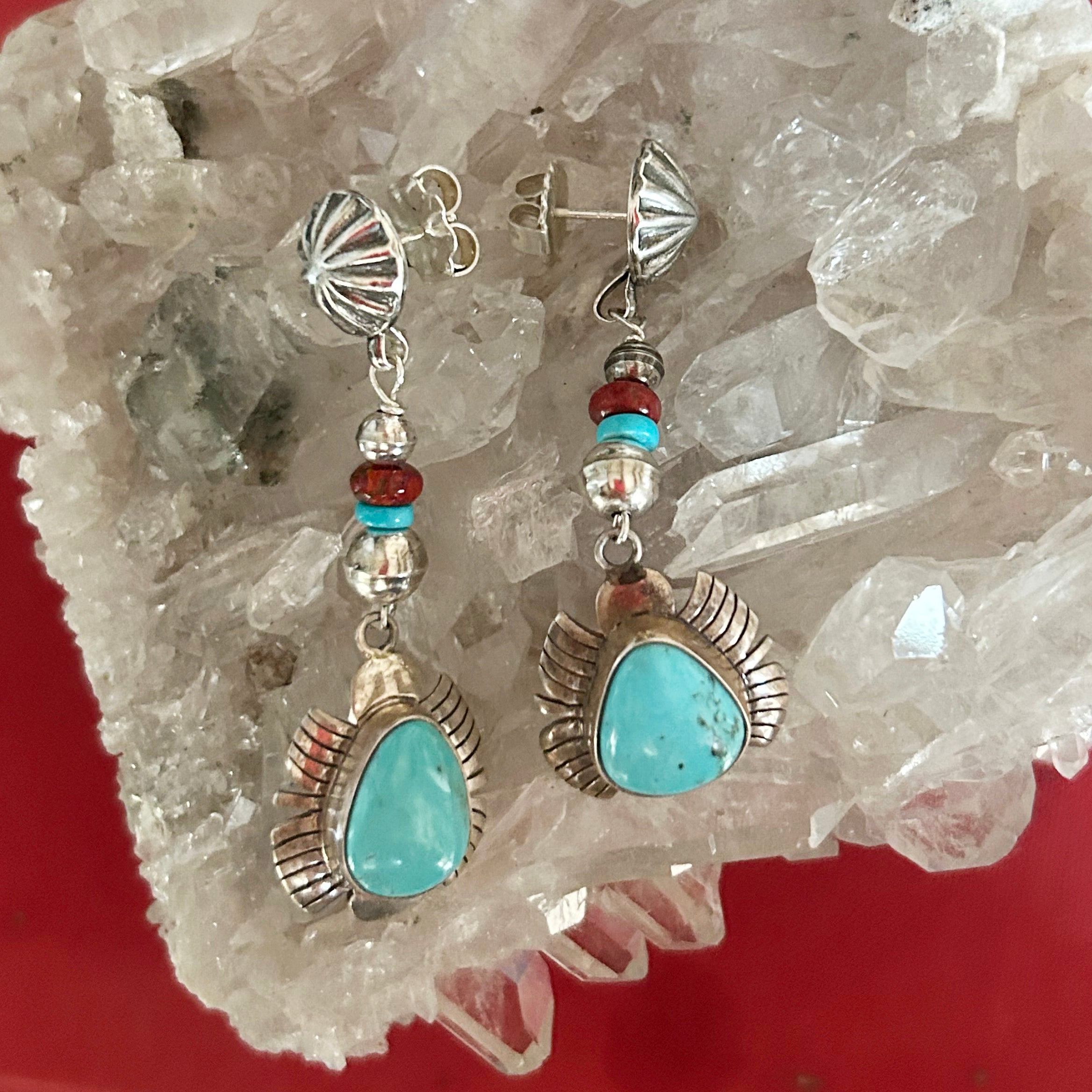Beautiful Sky Blue Kingman Mine Turquoise and Red Cuprite Earrings Feathered