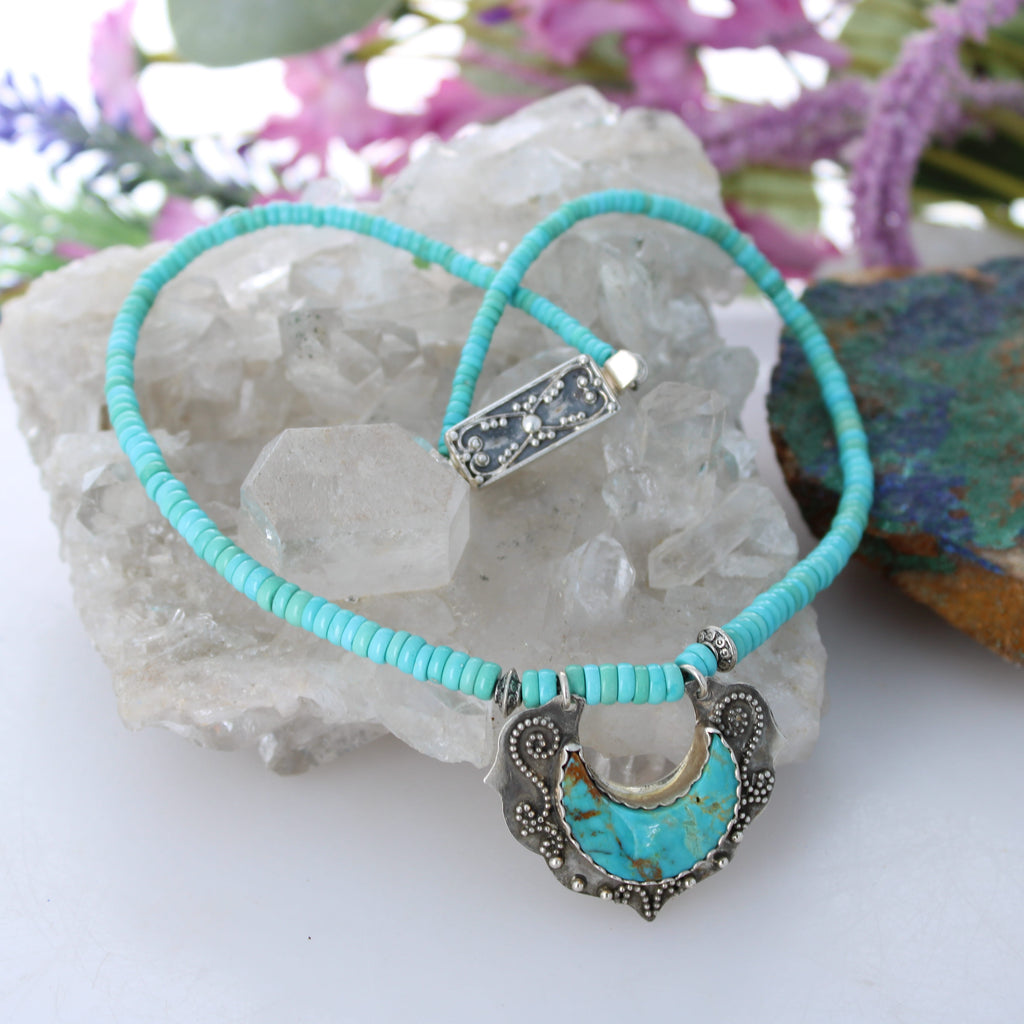 Natural Sleeping Beauty Turquoise Necklace Kingman Moon Graduated Button Beads