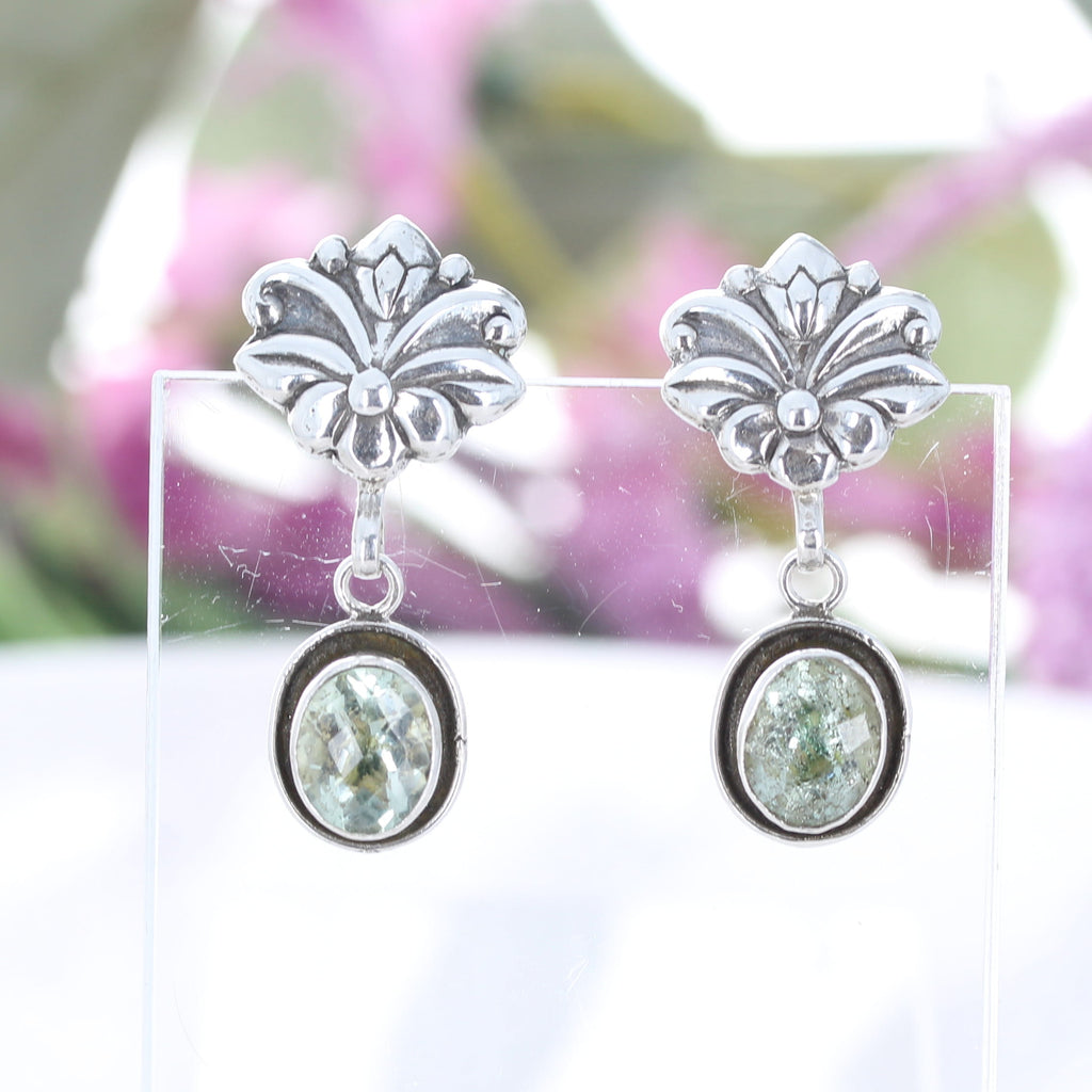Faceted Green Amethyst Floral Sterling Silver Earrings