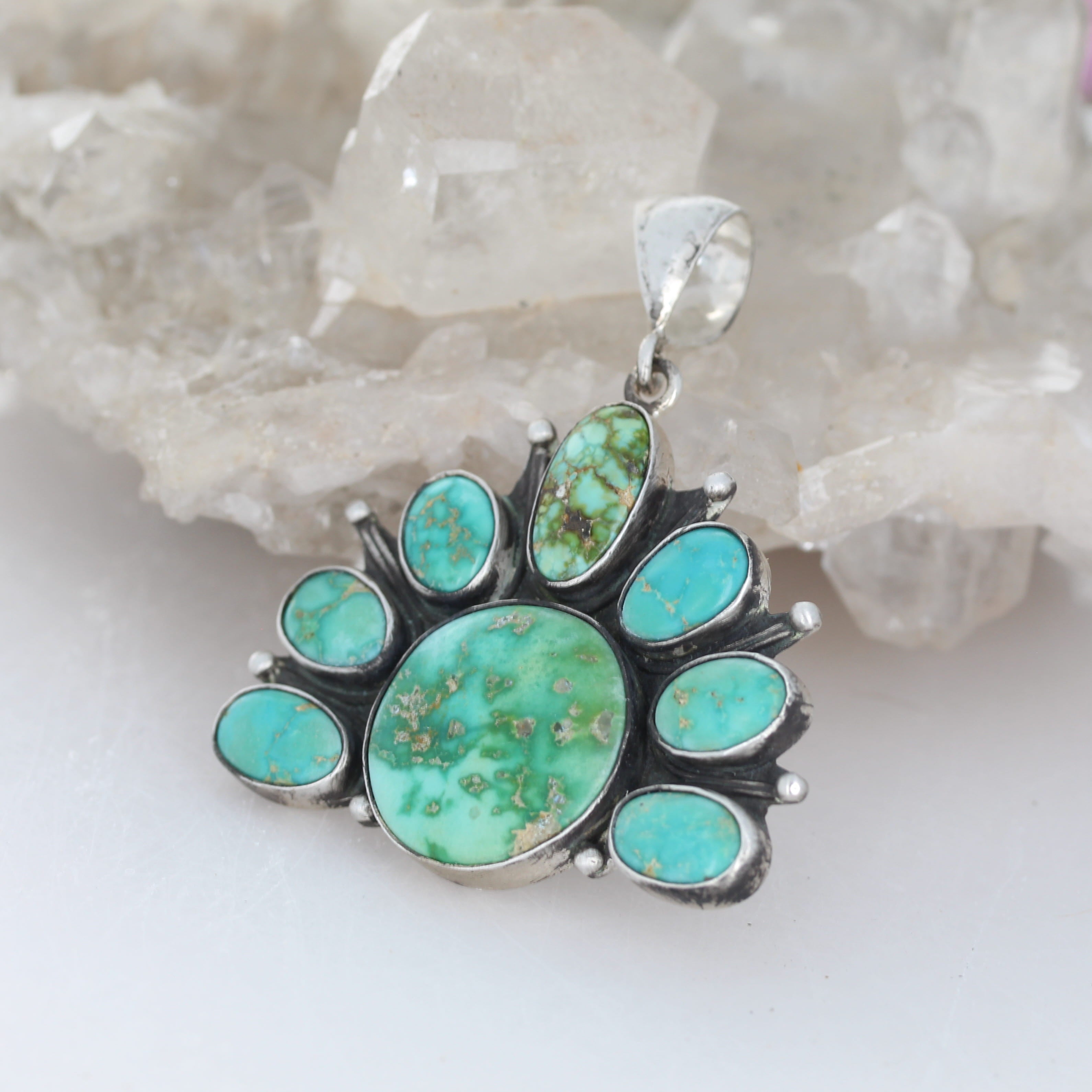 Gorgeous Sonoran Gold Turquoise Rising Sun Pendant Sterling