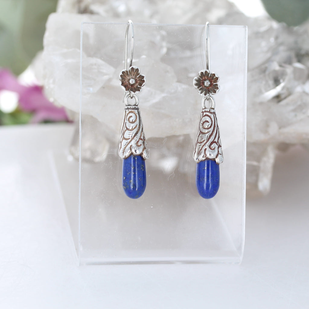 Elegant Midnight Moon Lapis Earrings Floral French Earwire