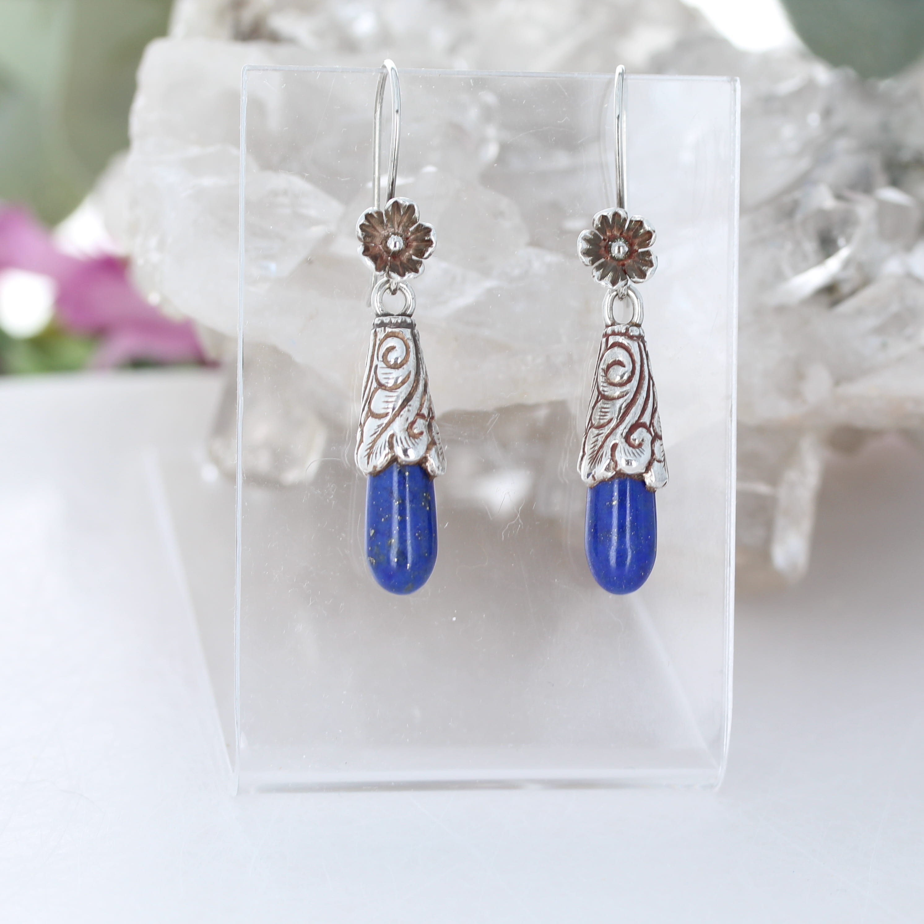 Elegant Midnight Moon Lapis Earrings Floral French Earwire