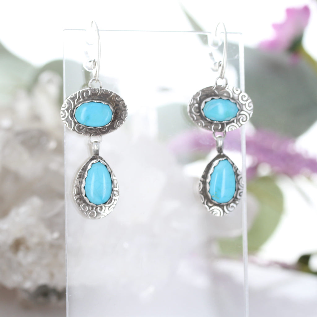 Blue Bird Turquoise Earrings 2 Stone Sky Blue Spiral Design Sterling
