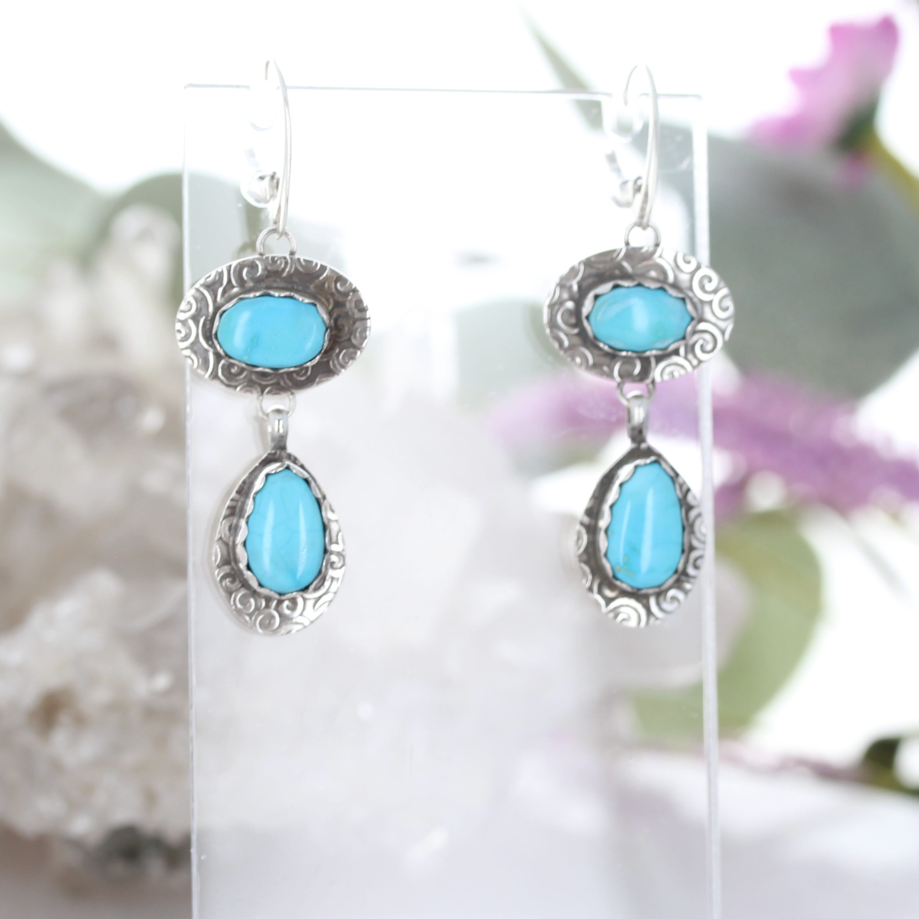 Blue Bird Turquoise Earrings 2 Stone Sky Blue Spiral Design Sterling