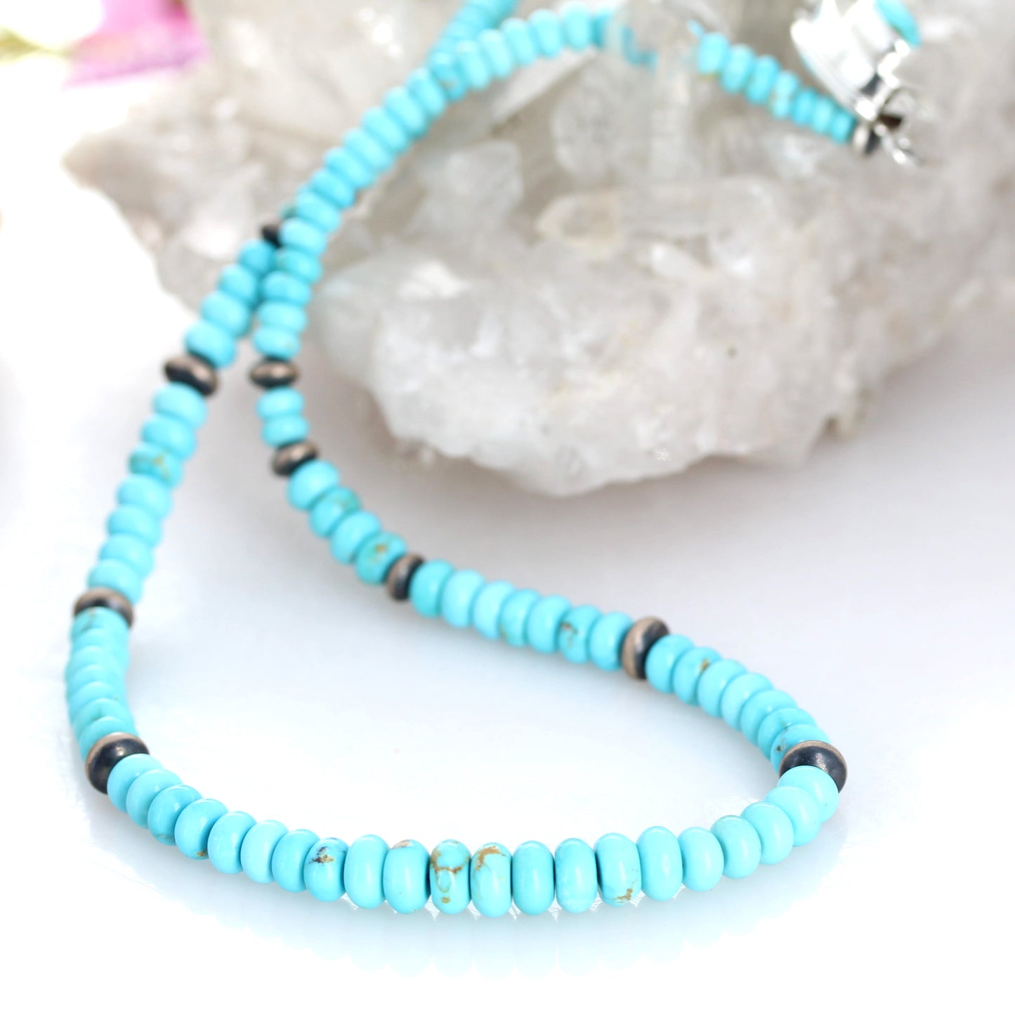 SONORAN ROSE Turquoise Rondelle Beads Necklace Sterling Exquisite Blue