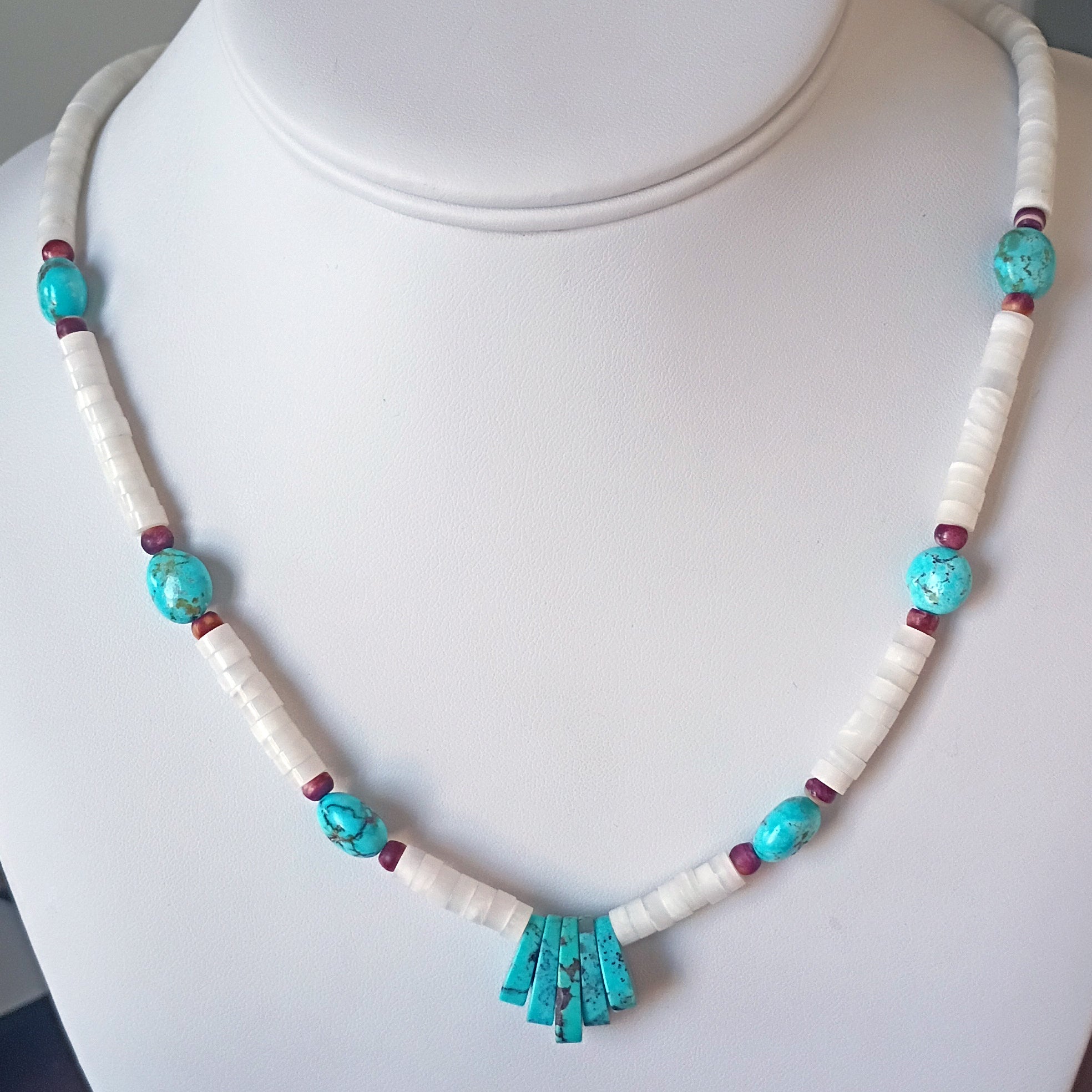 White Spiny Oyster and Blue Turquoise Necklace Sterling Silver 19.5"