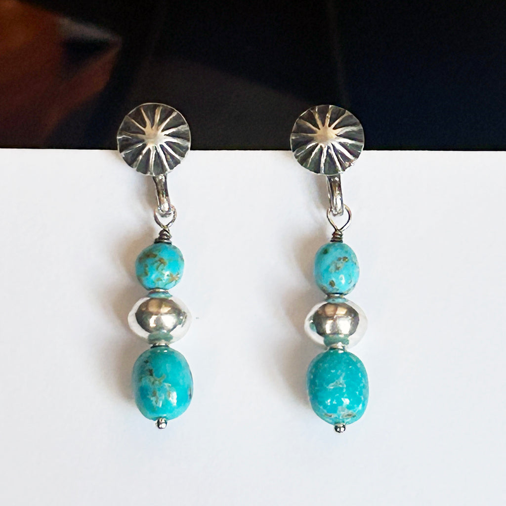 AAA Blue Sonoran Rose Turquoise Earrings 2 Stone Sterling Sunburst Posts