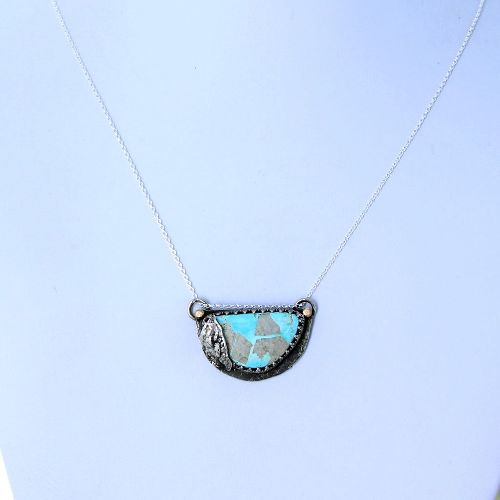 Royston Turquoise Moon Pendant Decorative 18K Gold and Sterling Necklace