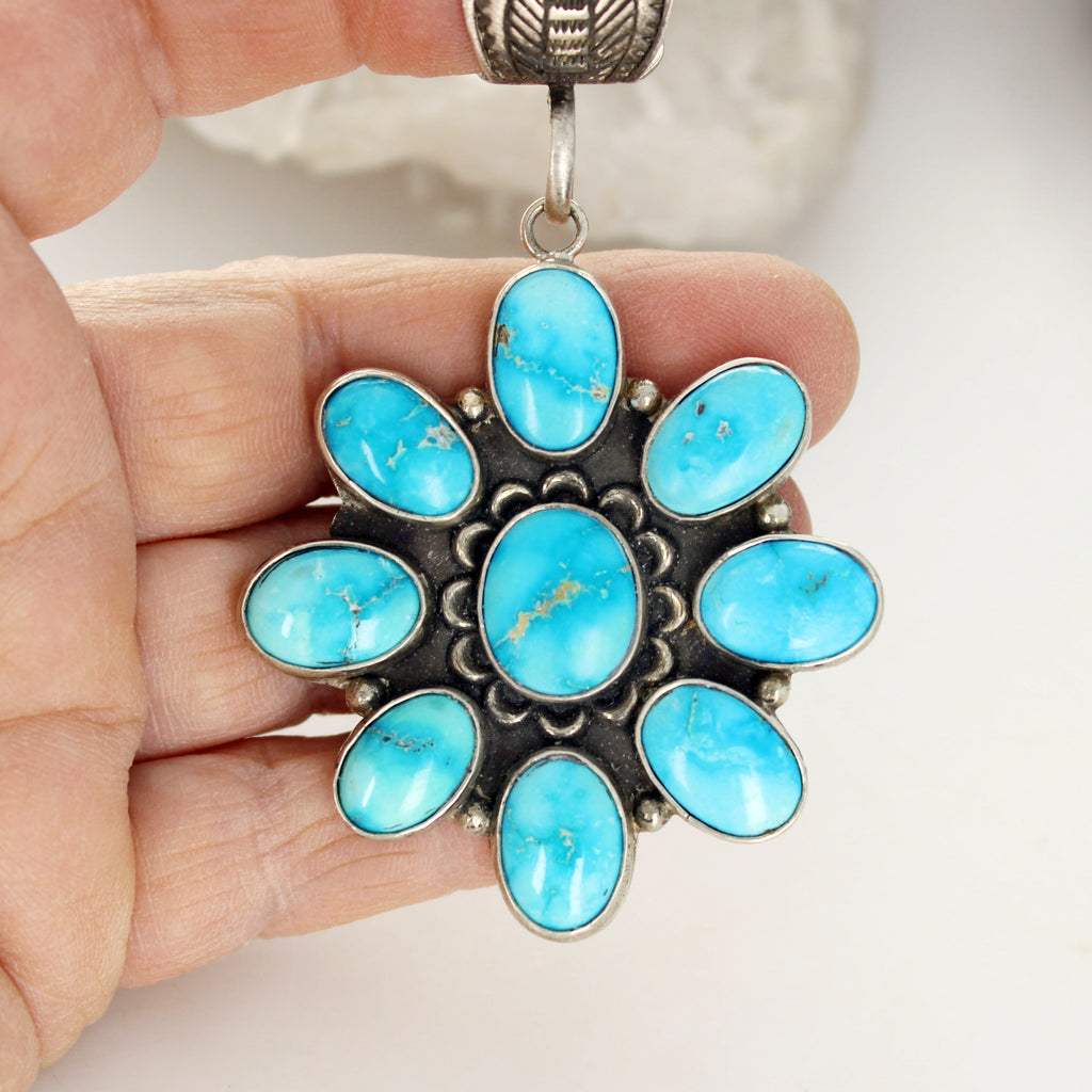 Bright Blue Ridge Nevada Turquoise Pendant Sterling Silver 9 Stone Gorgeous