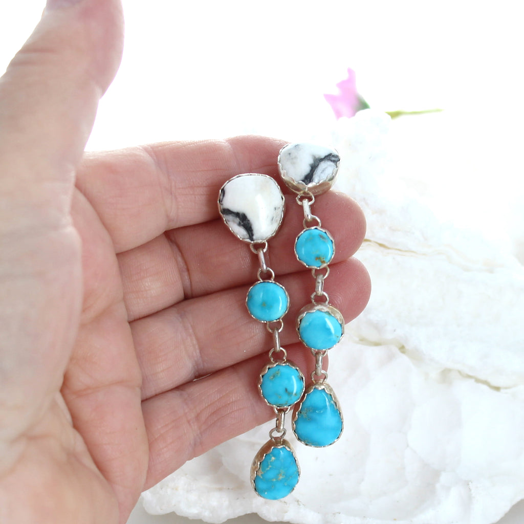 Blue Ridge and White Buffalo Turquoise Earrings Sterling 4 Stone