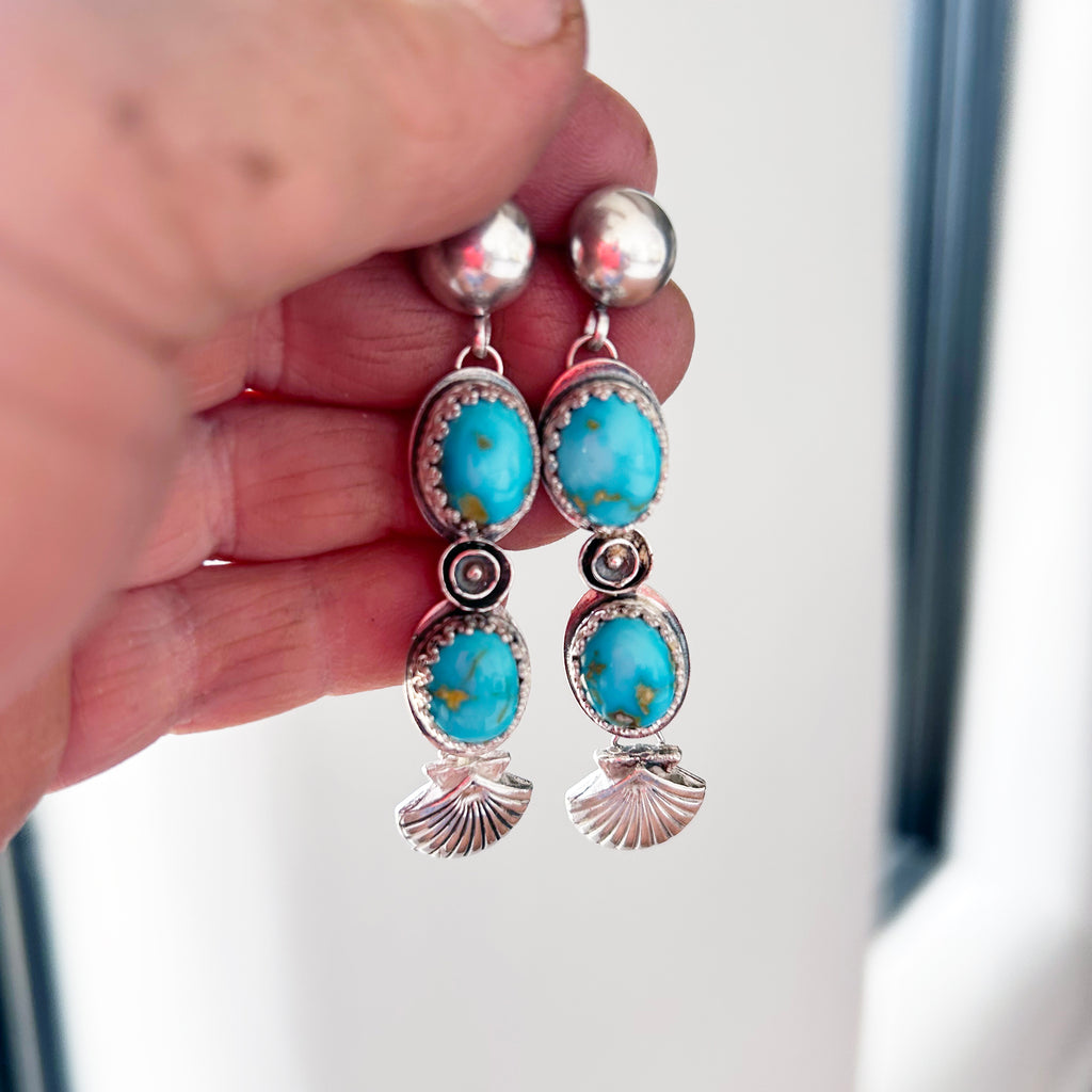AAA Blue Sonoran Rose Turquoise Earrings 2 Stone Sterling Shells