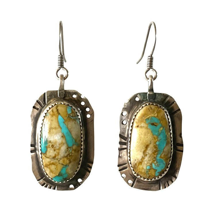 Golden Emerald Green Royston Turquoise Earrings Southwest 2.25"