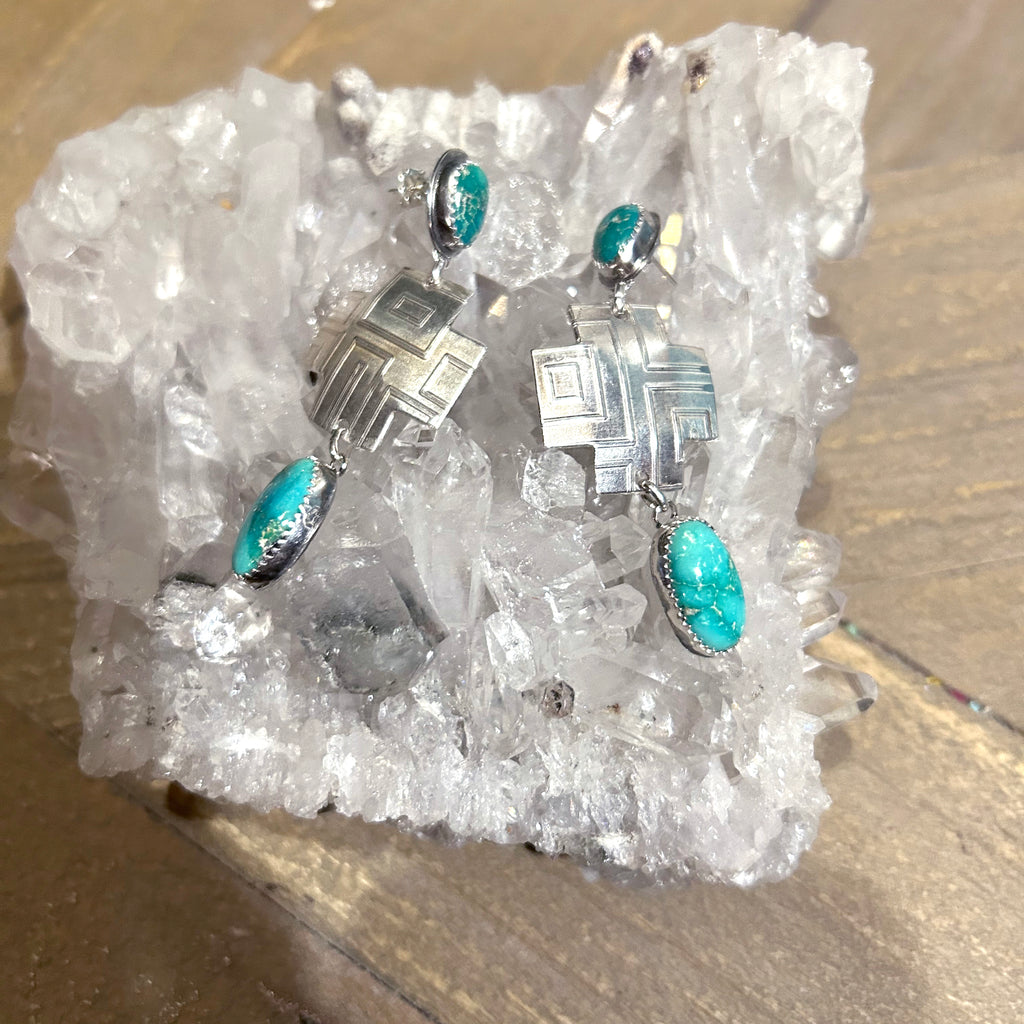 Emerald Valley Turquoise Sterling Southwestern Cross Earrings 2 Stone 2.6"