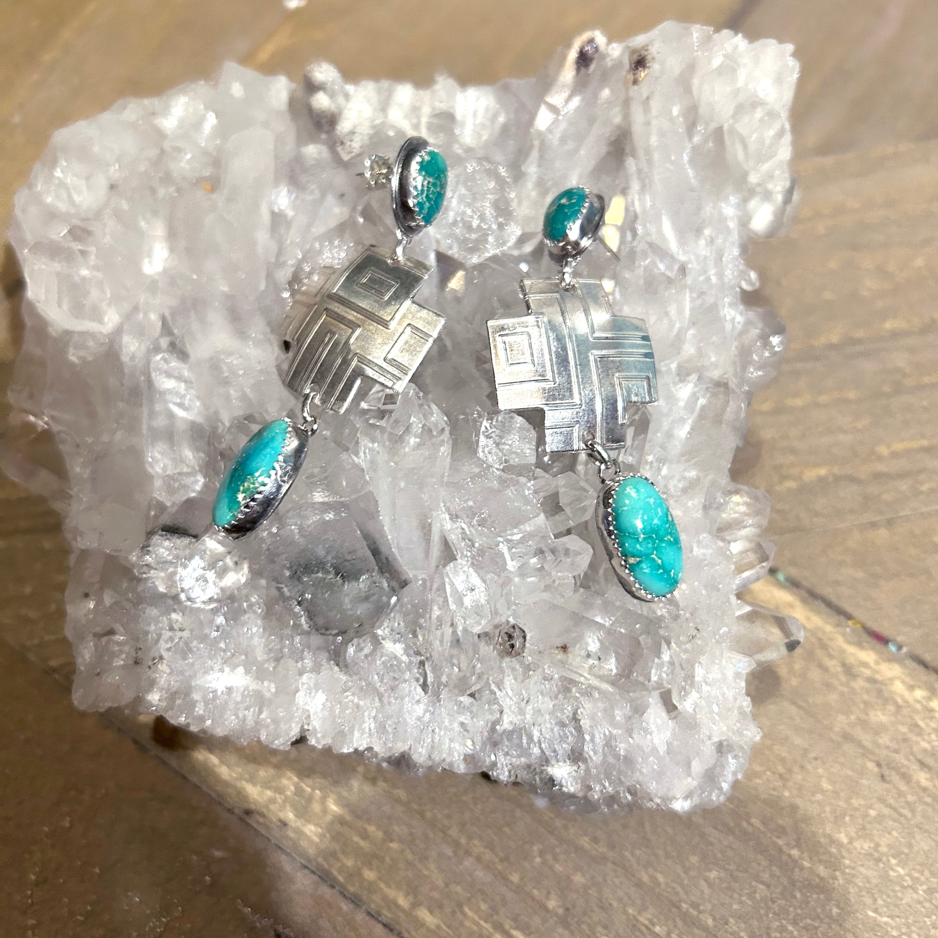 Emerald Valley Turquoise Sterling Southwestern Cross Earrings 2 Stone 2.6"