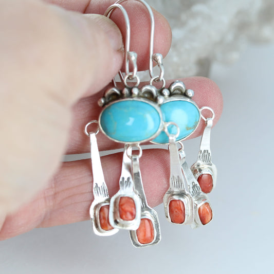 Sonoran Rose Turquoise with Spiny Oyster Boho Dangle Earrings Sterling