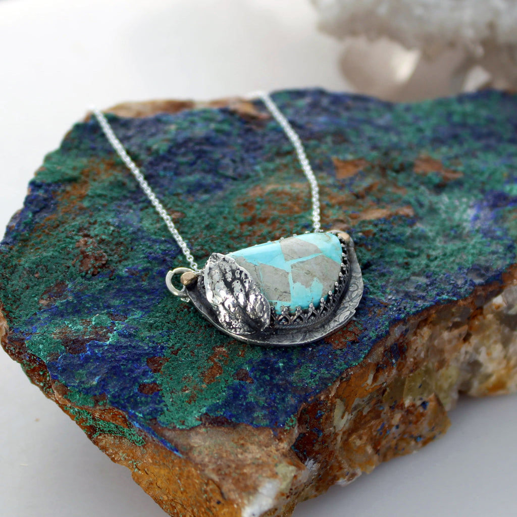 Royston Turquoise Moon Pendant Decorative 18K Gold and Sterling Necklace