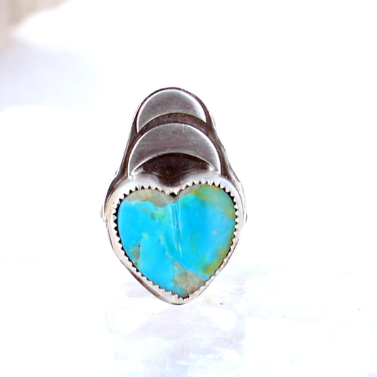 Heart and Double Moon Kingman Turquoise Ring Sterling Size 7.5 -NewWorldGems