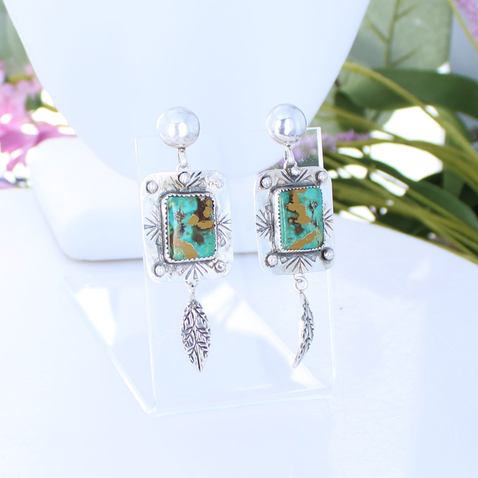 Geometric Patterned Emerald Green Royston Turquoise Earrings Southwest 2.7"