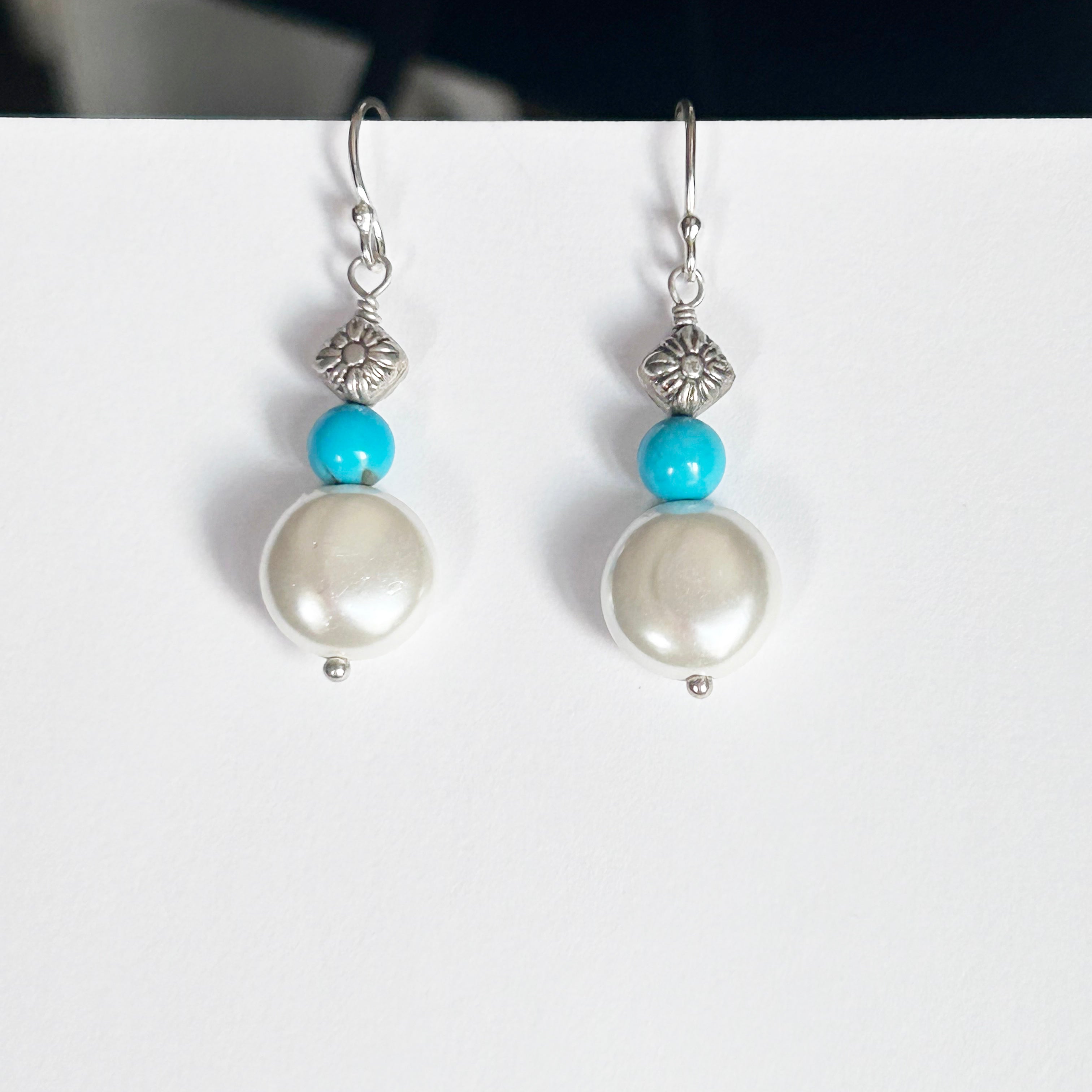 Sleeping Beauty Turquoise and Cream Coin Pearl Earrings Sterling Silver
