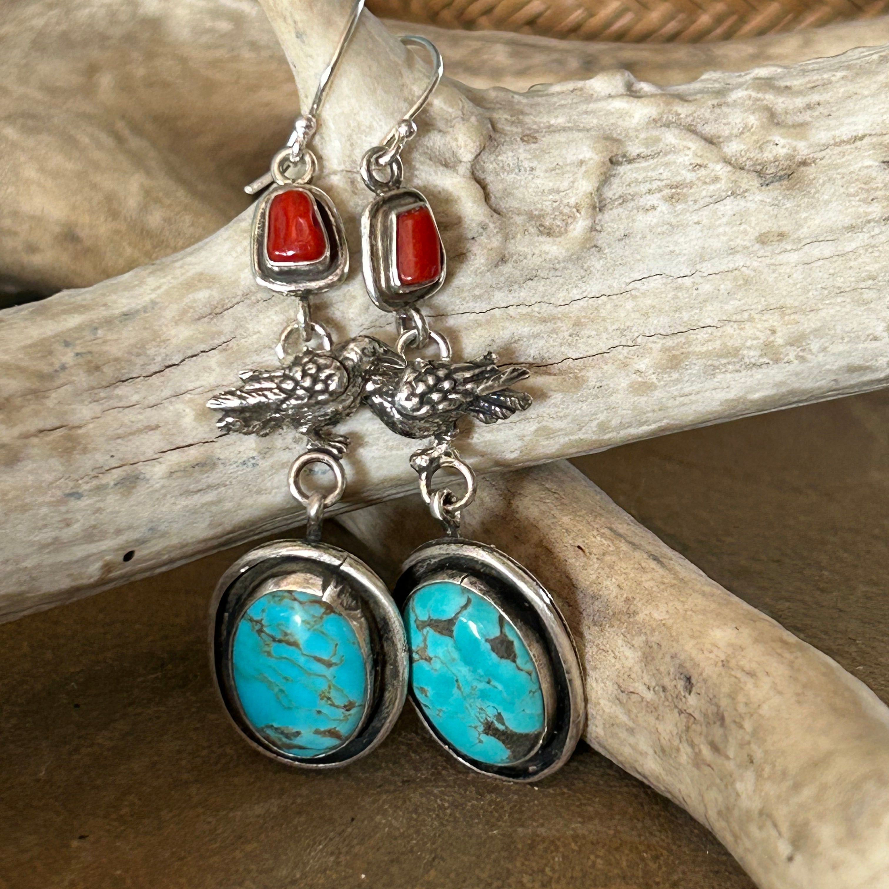 Blue Royston Ribbon Turquoise Raven Earrings Southwestern Sterling Silver 3"