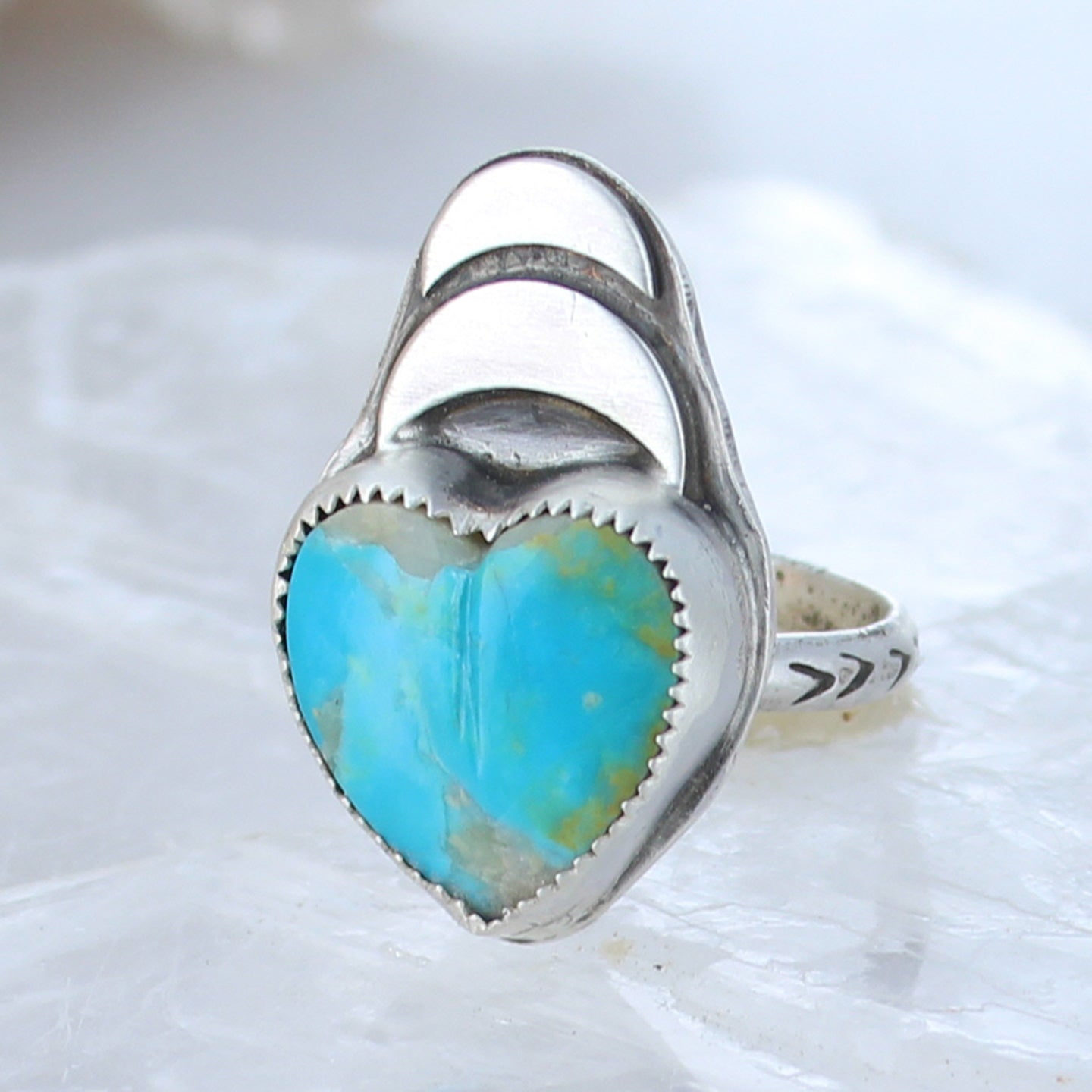 Heart and Double Moon Kingman Turquoise Ring Sterling Size 7.5 -NewWorldGems