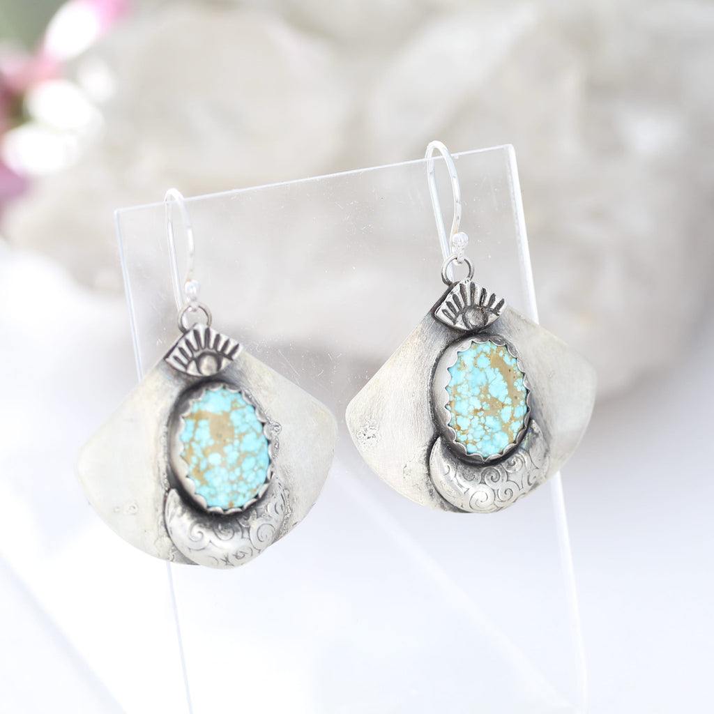 Baby Blue Kazakhstan Turquoise Fan Earrings Sterling Silver Protective Eye