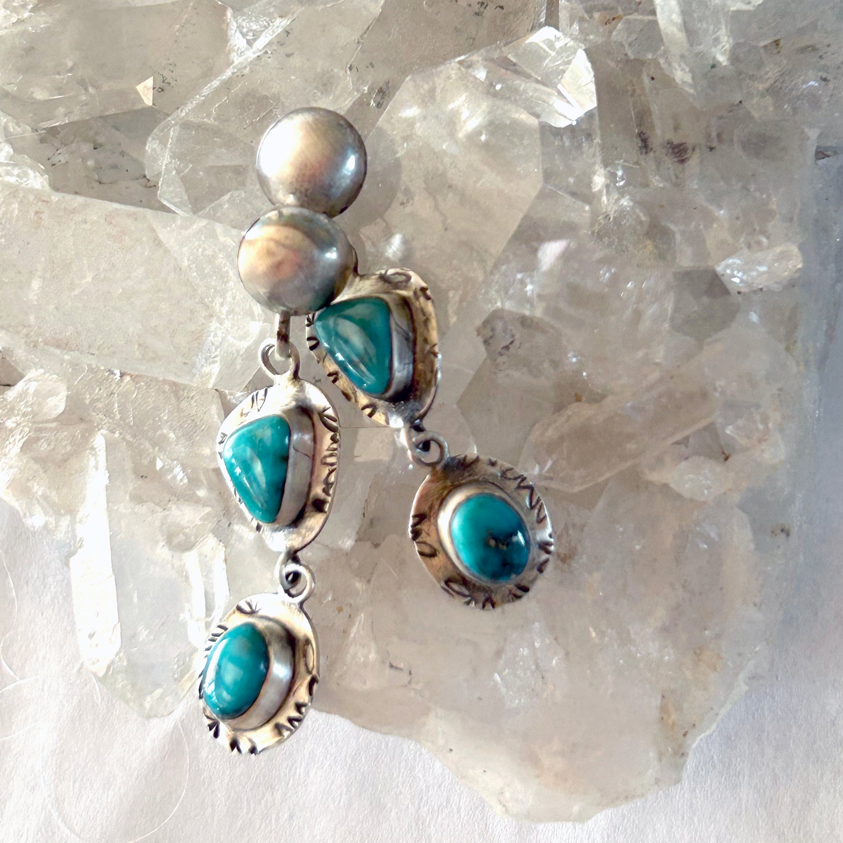 Teal Blue Fox Turquoise 2 Stone Earrings Sterling Silver