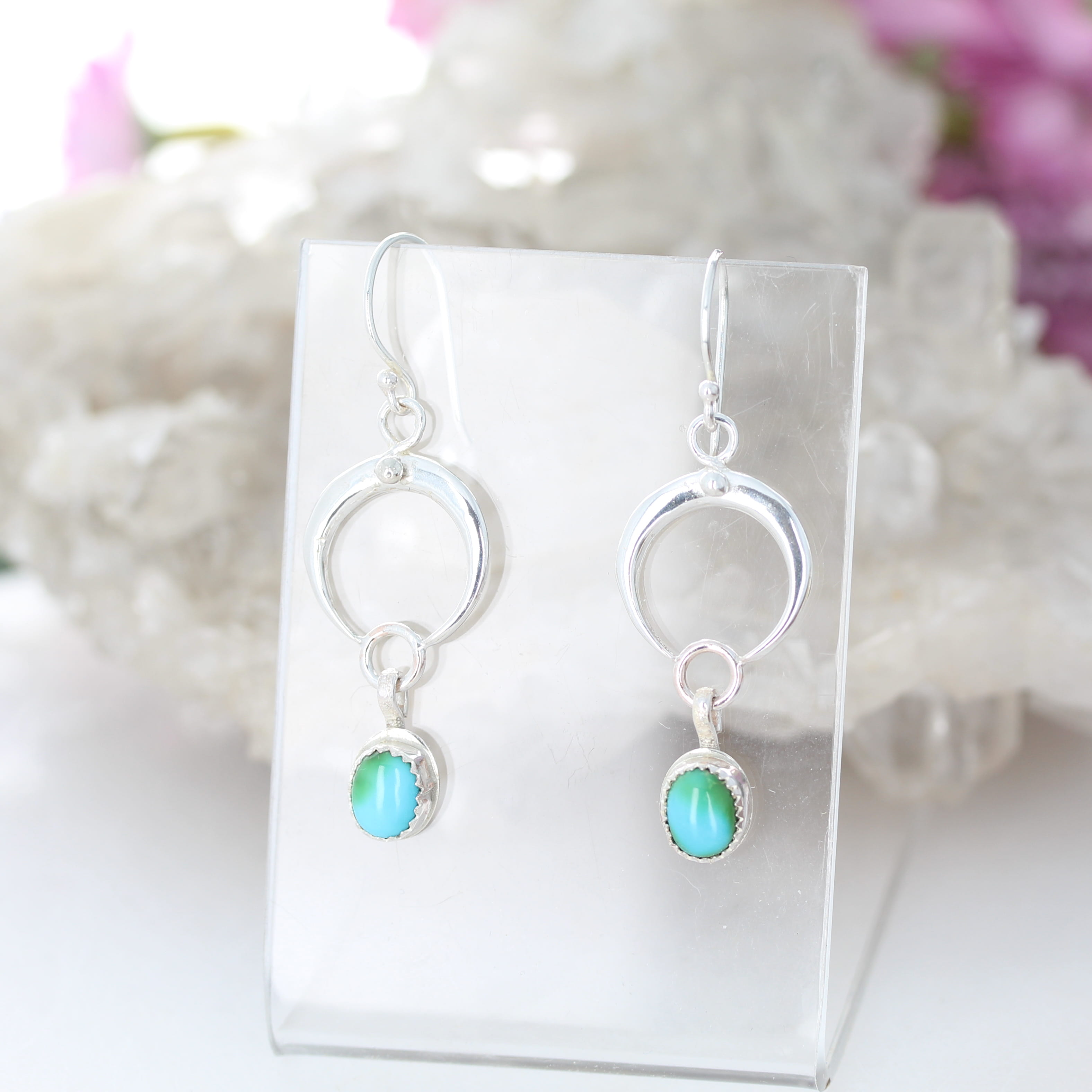 Blue Sonoran Mountain Turquoise Naja Moon Earrings Sterling Silver