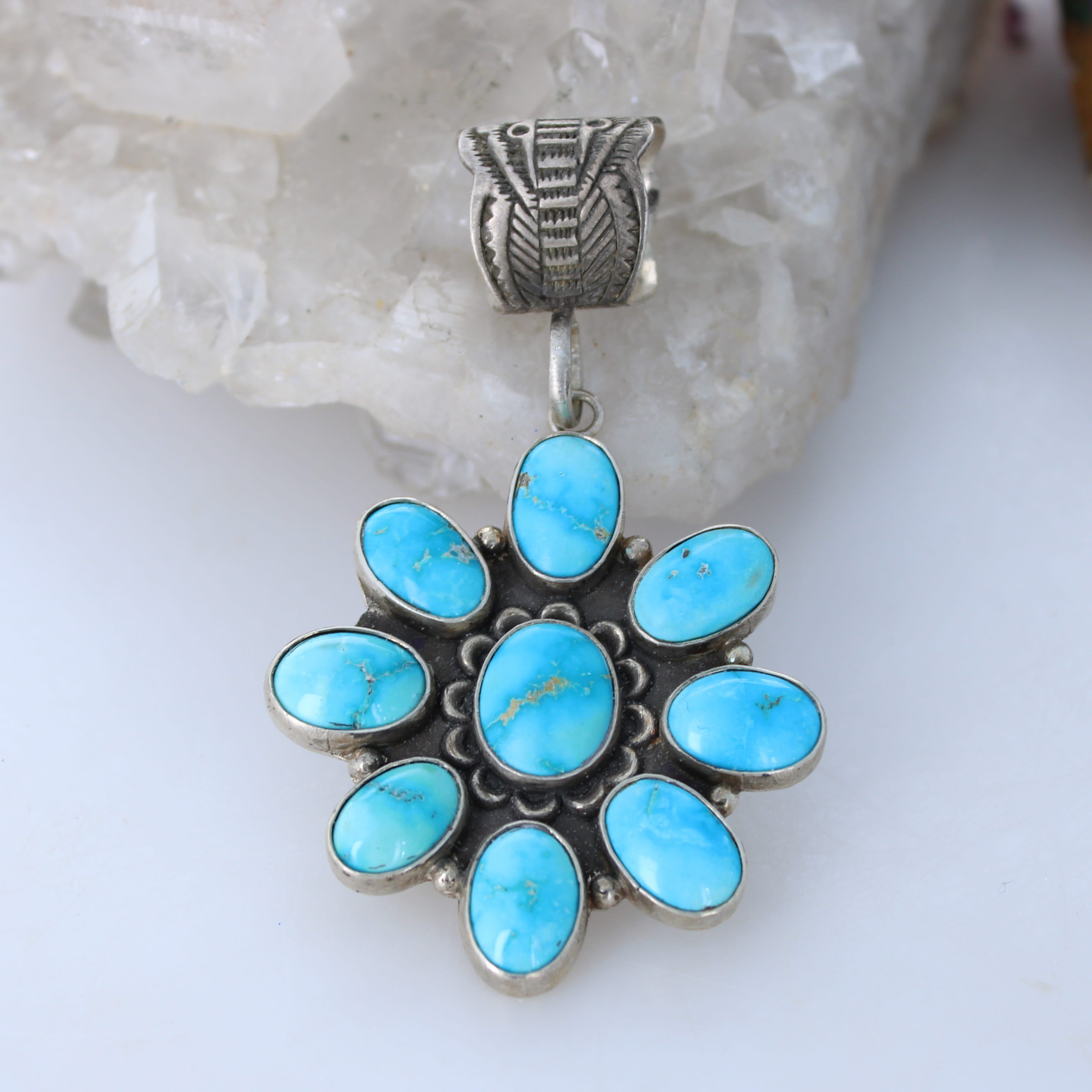 Bright Blue Ridge Nevada Turquoise Pendant Sterling Silver 9 Stone Gorgeous