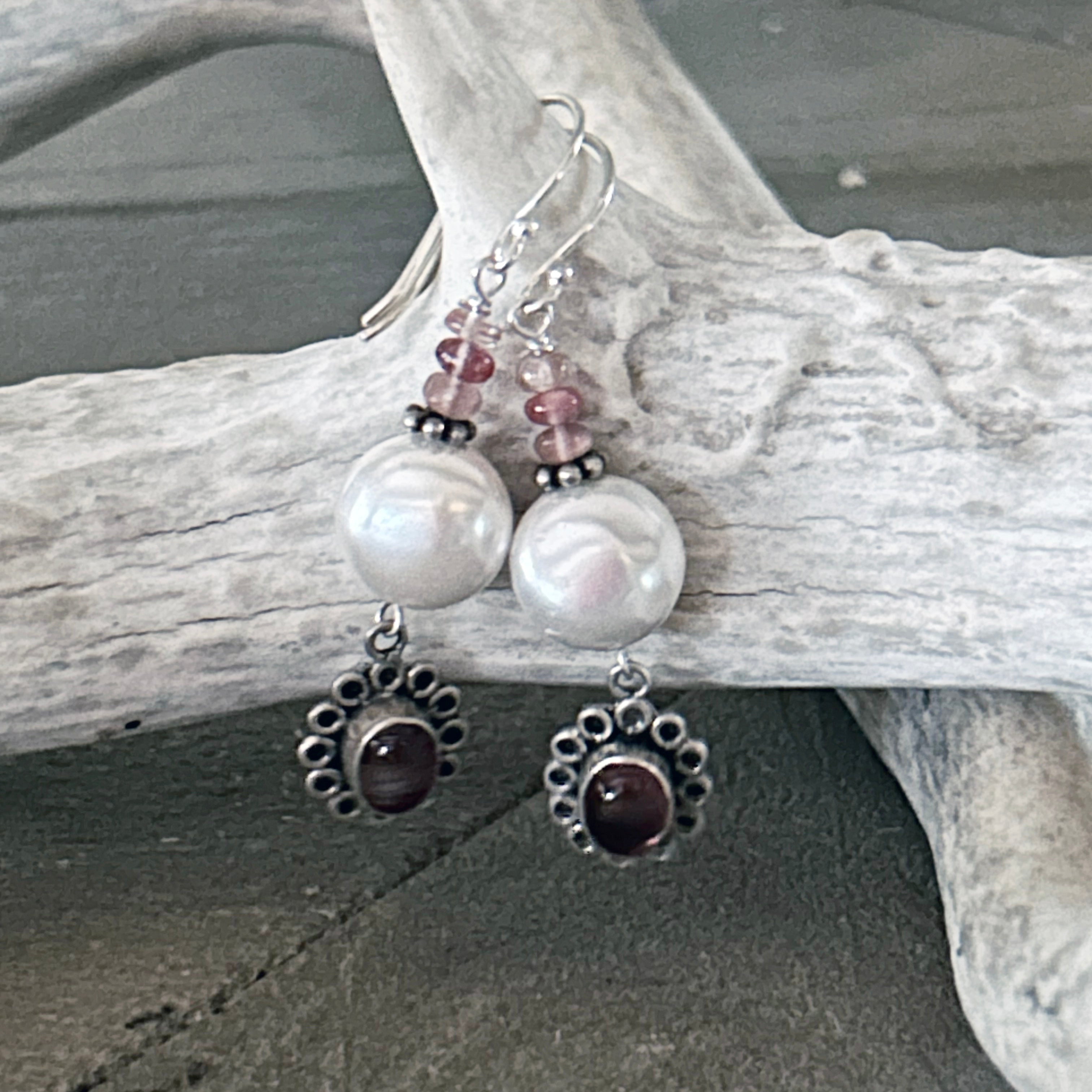Cream Coin Pearl Sienna Andesine Daisy Earrings Sterling Silver