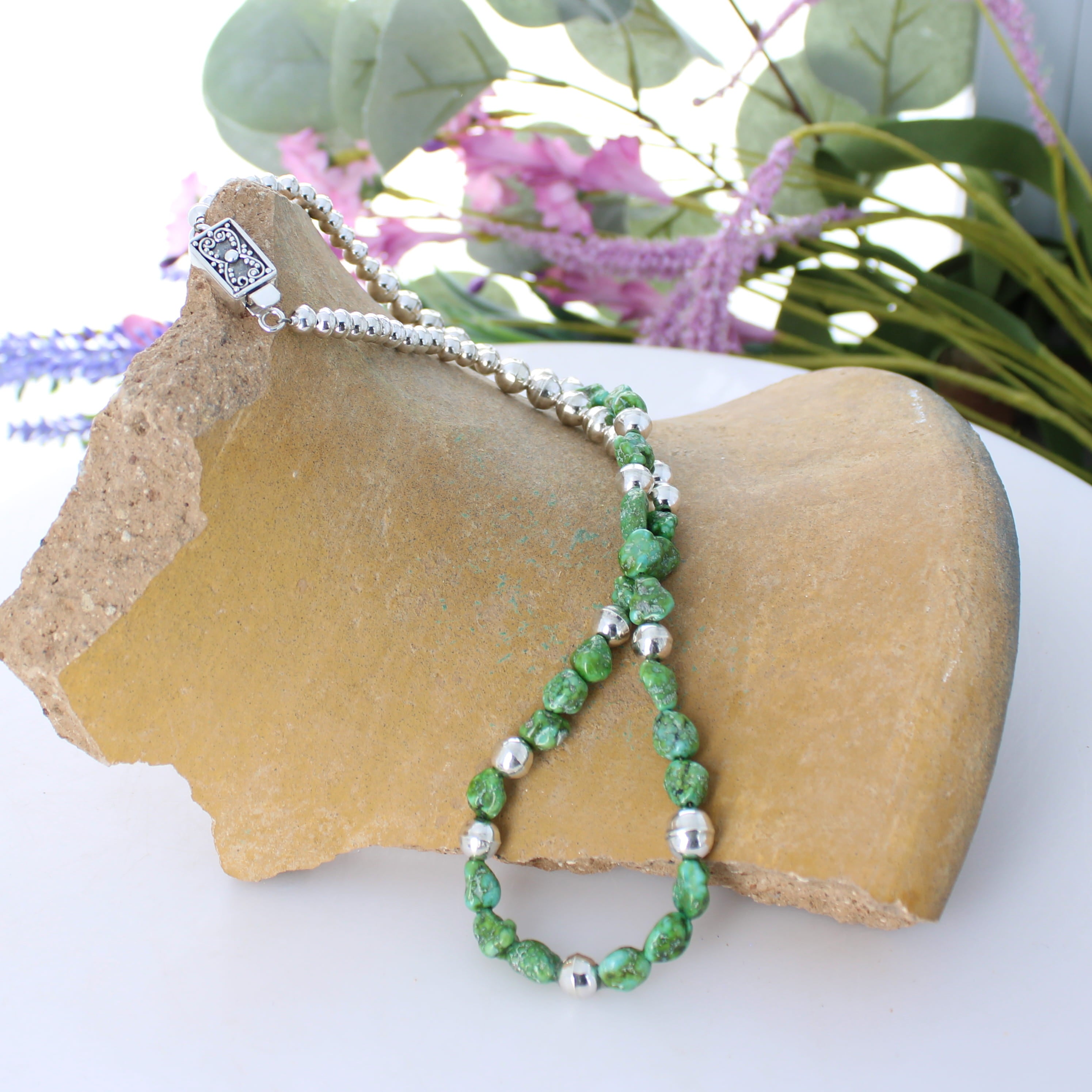 AAA Sonoran Gold Turquoise Lime Green Blue Necklace 18.5" Sterling Navajo Pearls