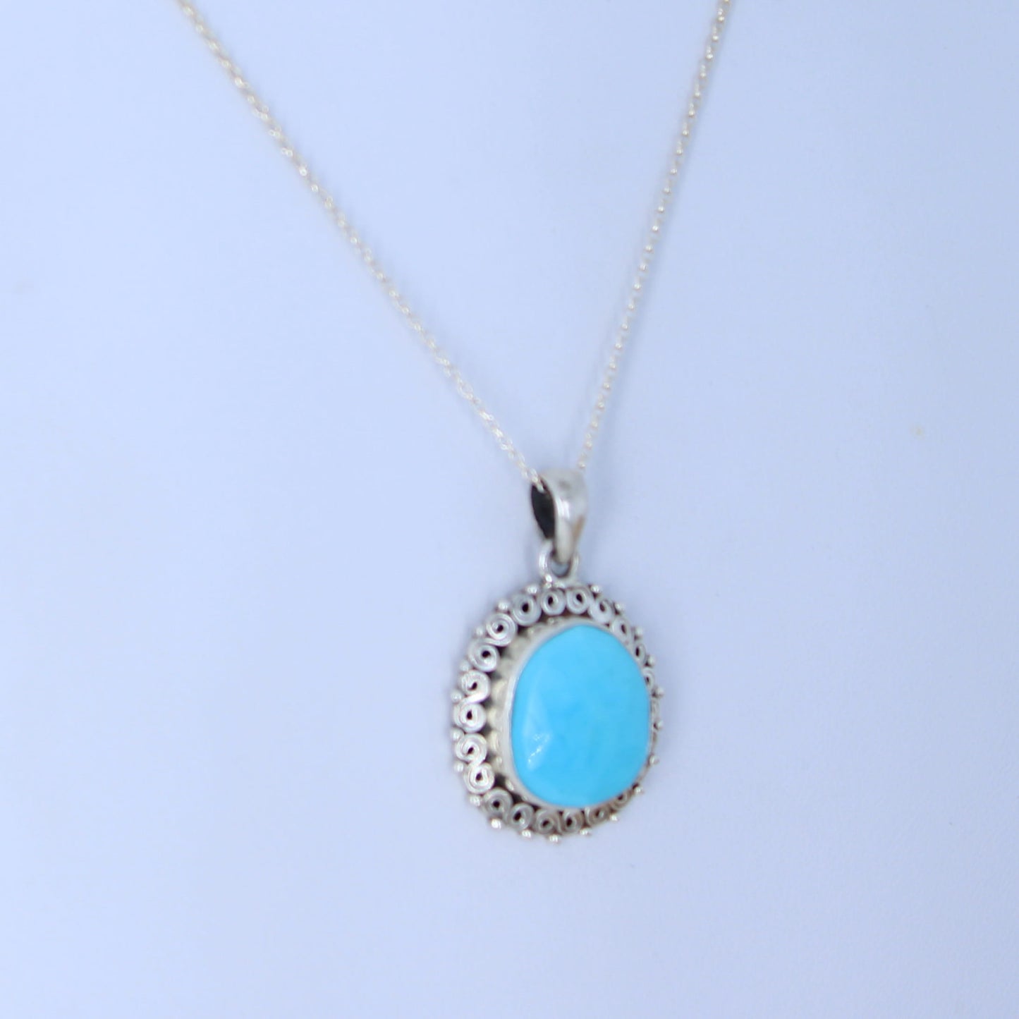 AAA Faceted Kingman Turquoise Pendant Necklace Sterling Silver