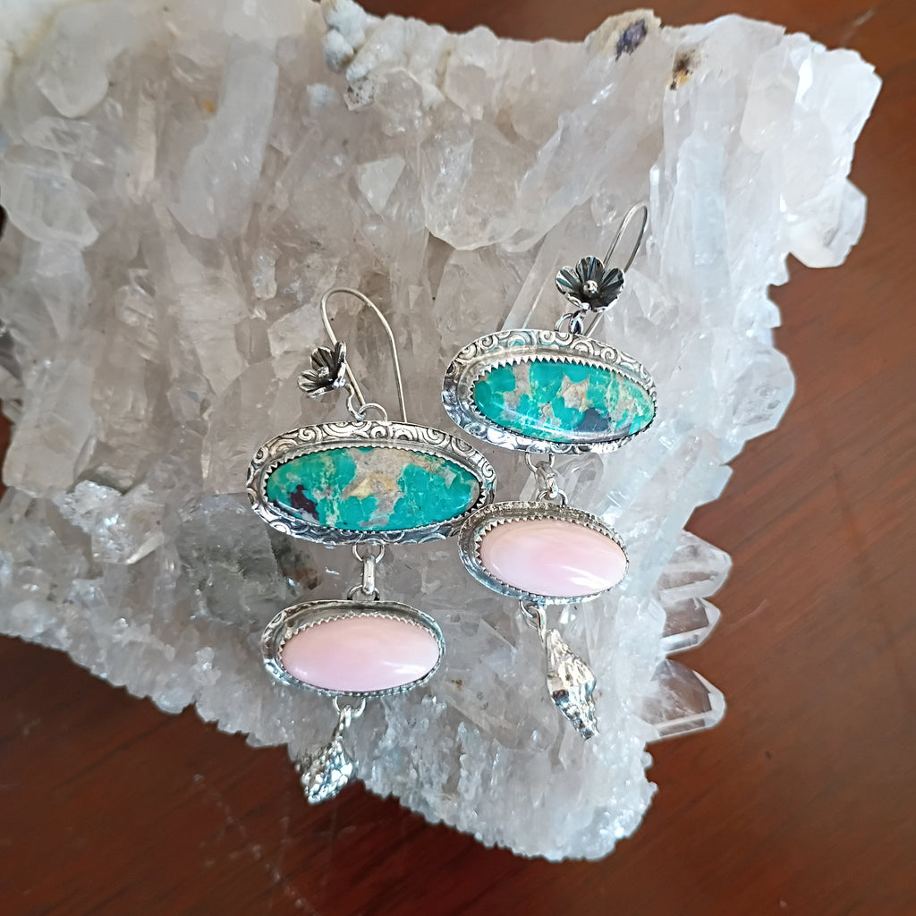 AAA Blue Royston Turquoise and Pink Conch Shell Earrings Sterling Silver Shells