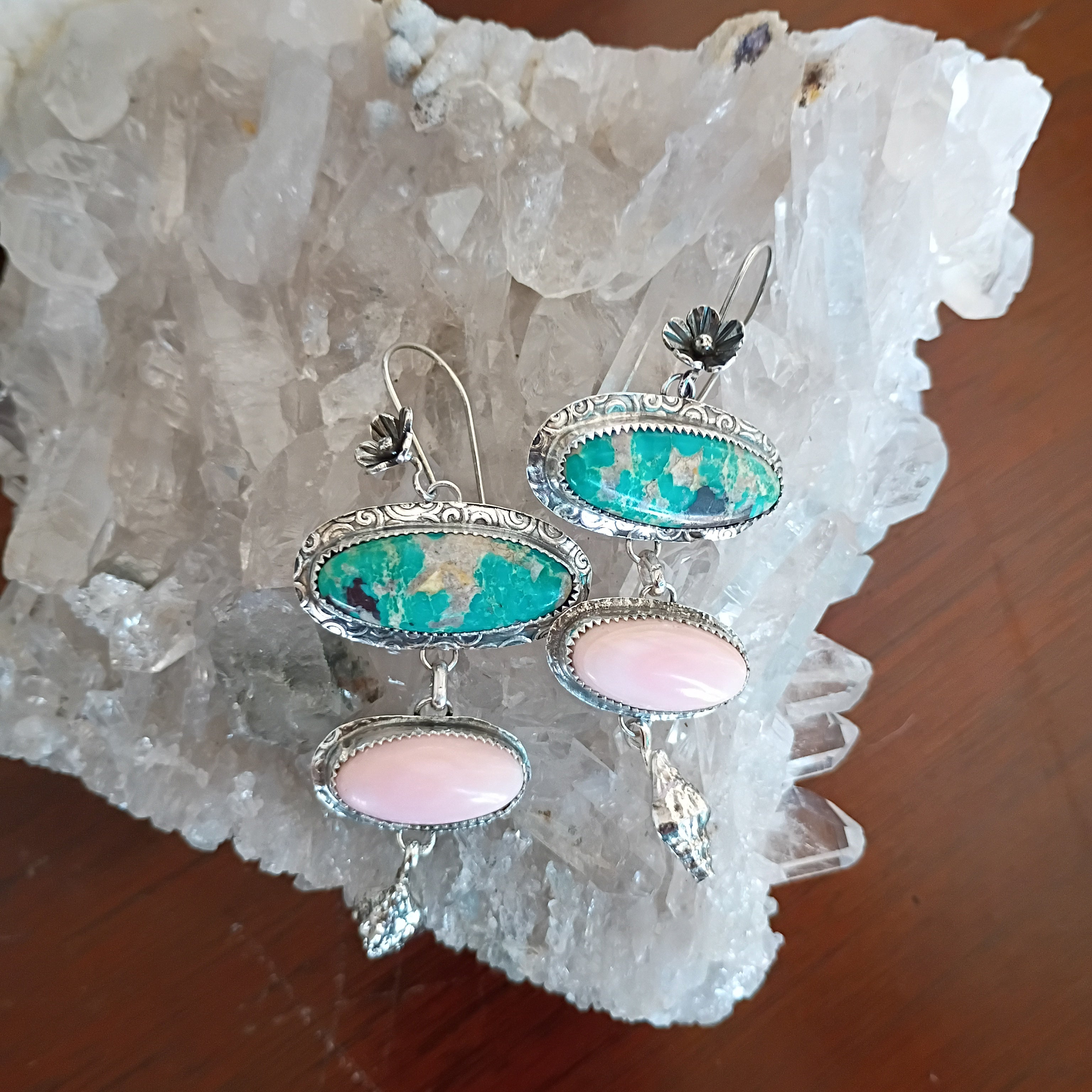 AAA Blue Royston Turquoise and Pink Conch Shell Earrings Sterling Silver Shells