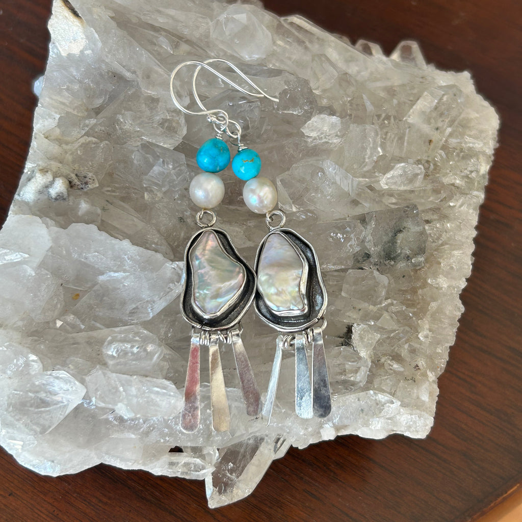 Pearl and Turquoise Teardrop Earrings Large Sterling Dangle Posts