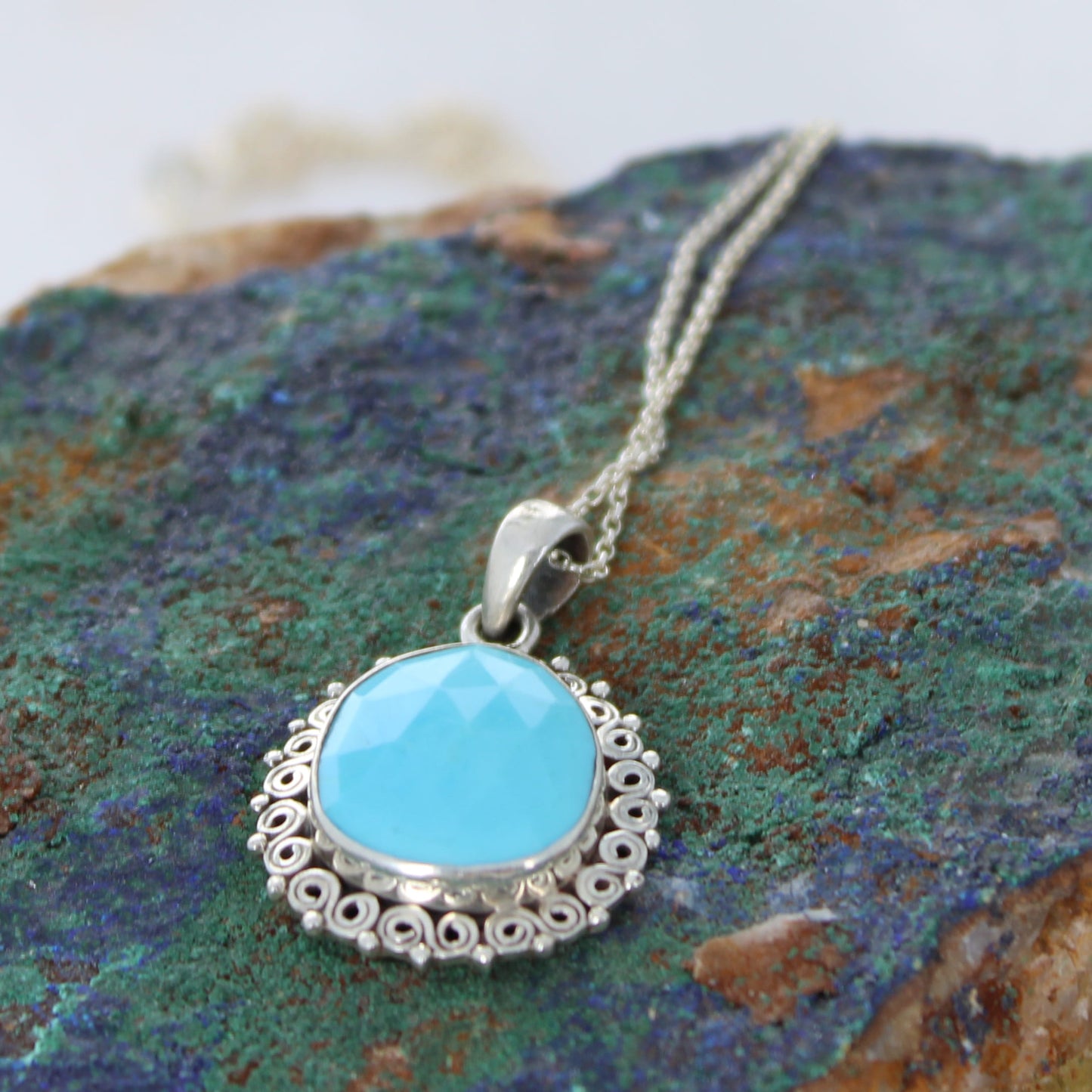 AAA Faceted Kingman Turquoise Pendant Necklace Sterling Silver