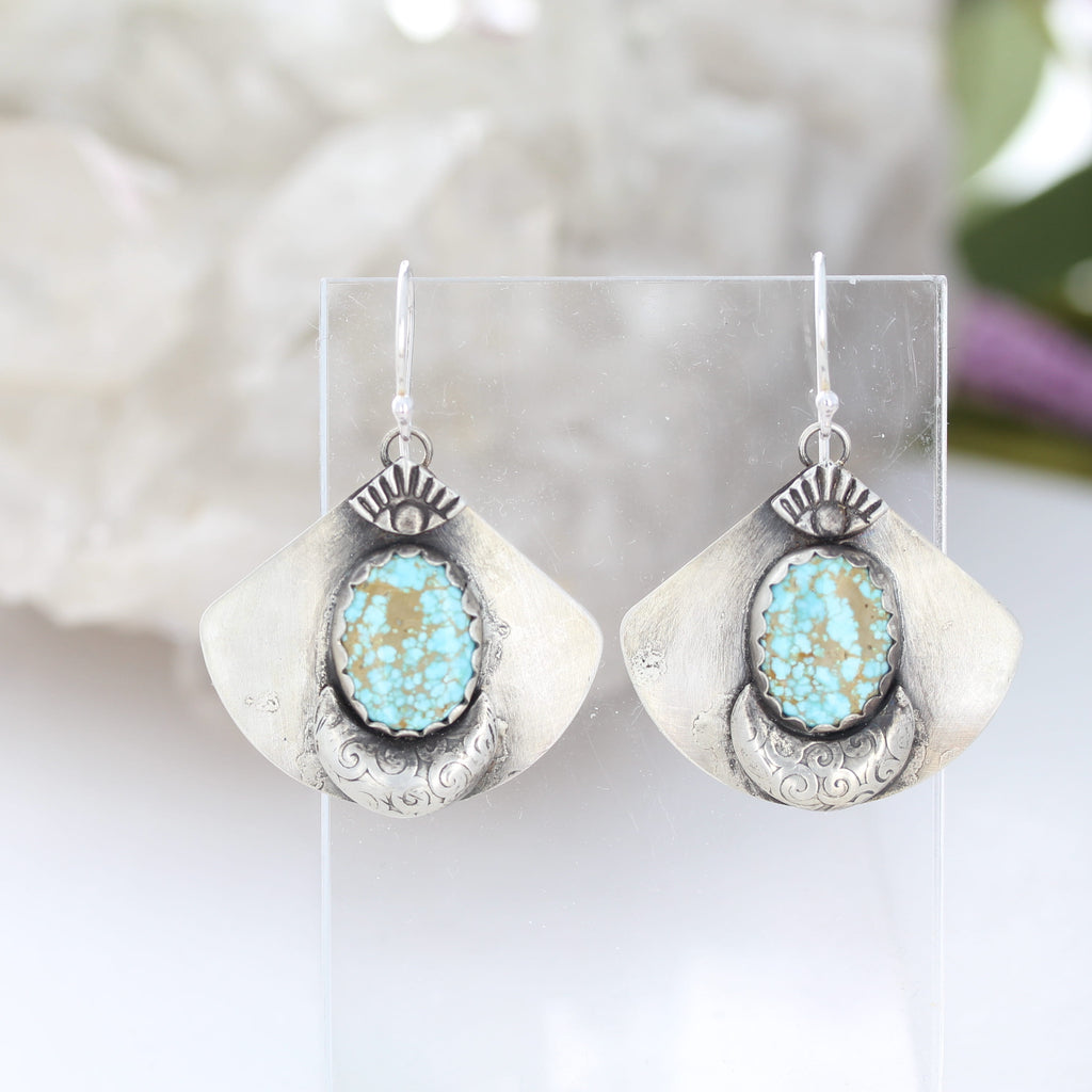 Baby Blue Kazakhstan Turquoise Fan Earrings Sterling Silver Protective Eye