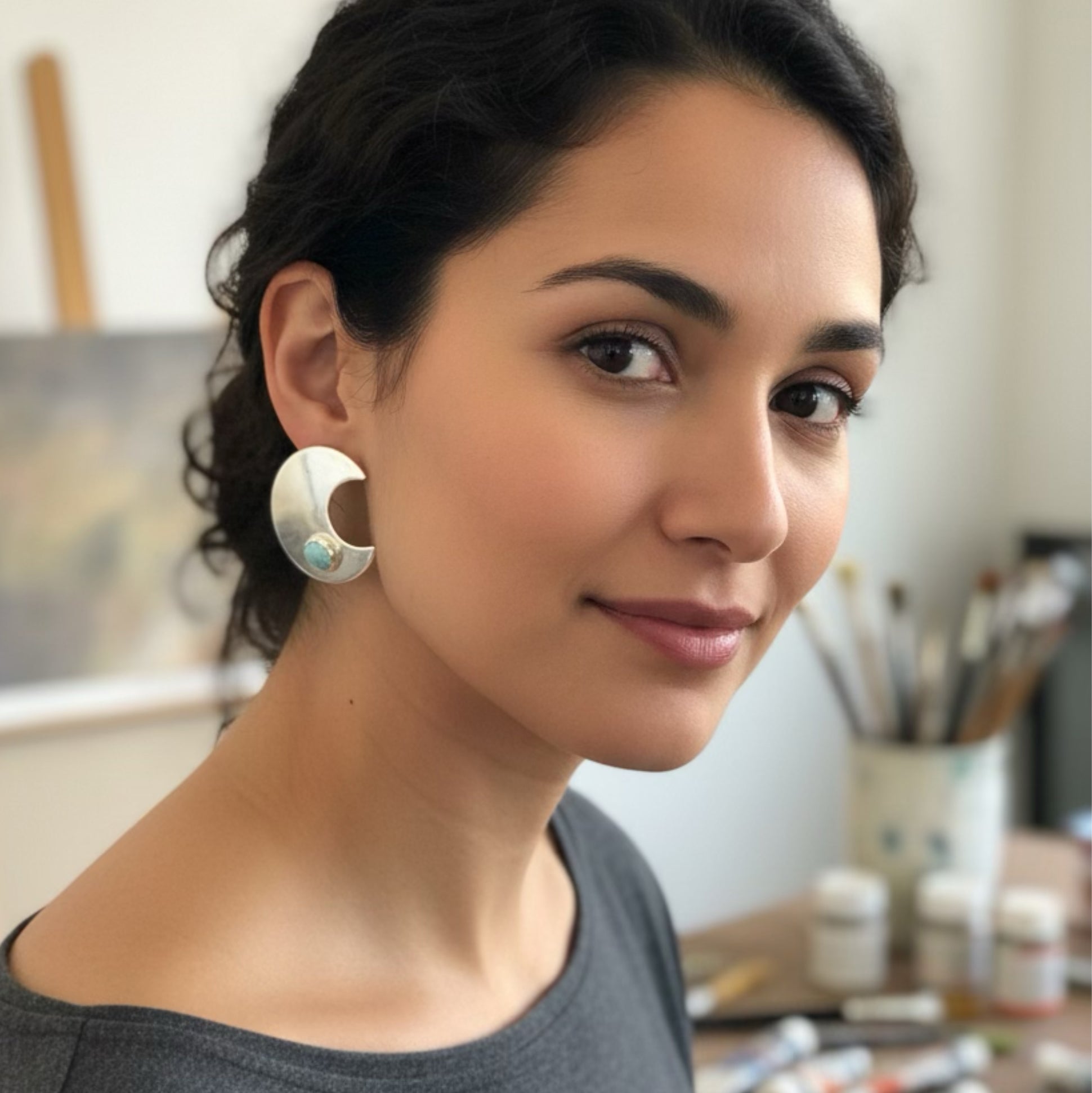 Carico Lake Turquoise Crescent Moon Earrings Sterling Posts Large